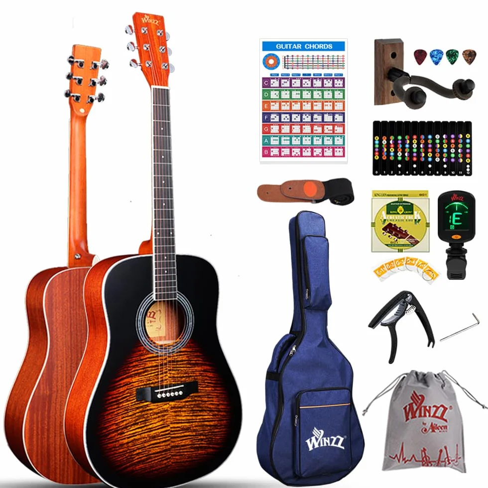 Winzz Guitarra Acústica 4/4 Tamaño Completo Folk Estampada para Principiantes Adultos - Cuerda de Acero Sunburst