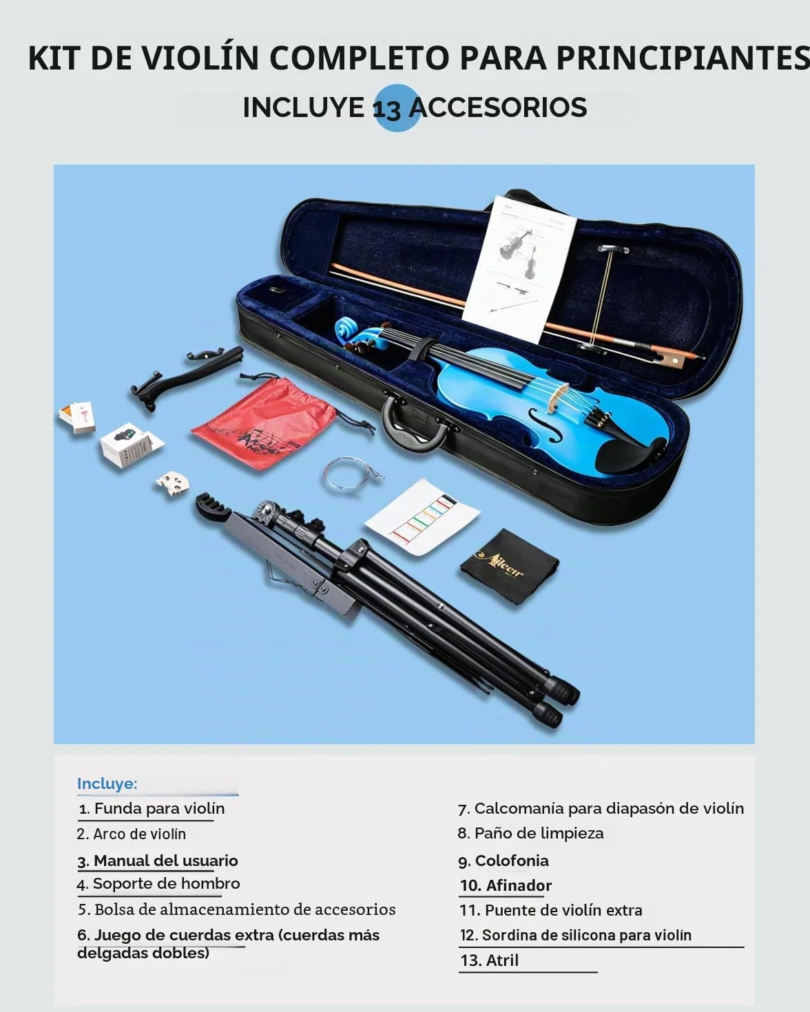 Aileen 4/4 Violín de Tamaño Completo para Adultos Principiantes, Fiddle Kit de Iniciación para Niños de 12 Años o Más, Azul Violín Set Estudiante con 13 Accesorios, incluyendo Atril, Pegatina Nueva