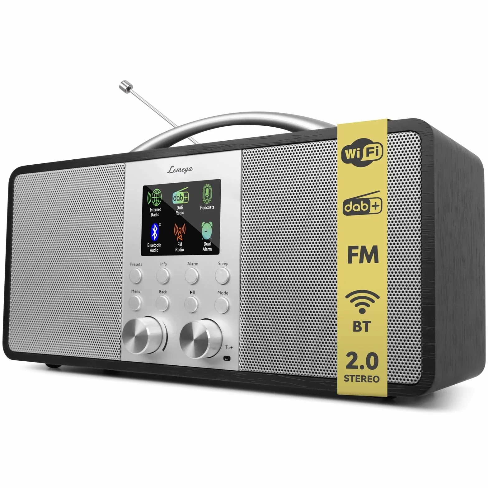 Lemega IR6 Radio por Internet Estéreo con Podcasts y Bluetooth - Radio Dab/Dab+ y FM con Sonido Real 2.0, 150 Presintonías,Radio Despertador,Batería Recargable USB-C,Madera Premium y asa de Aluminio