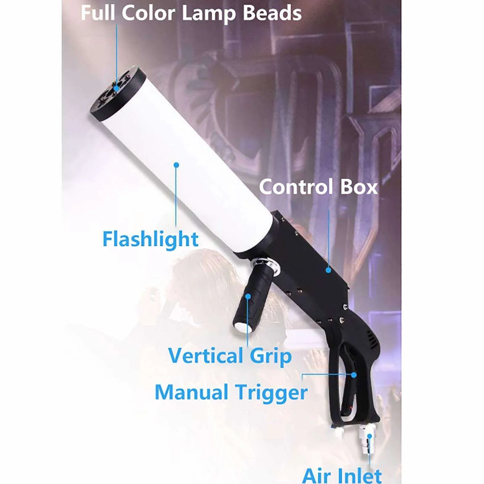 Janefer care Máquina de Niebla de CO2, Pistola de cañón de CO2 LED de Mano, máquina de Chorro RGB, Barra de Club, Efectos de DJ, Pistola de Humo, Rojo, Verde, Azul, 3 Colores