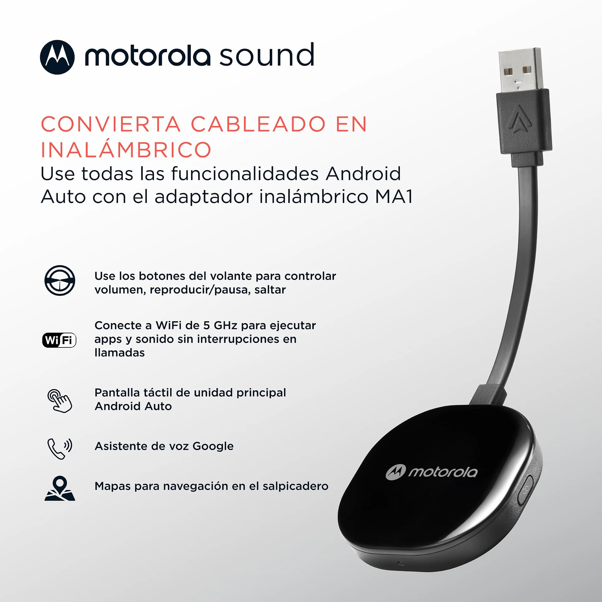 Motorola Sound MA1 - el único Google Autorizado Inalámbrico Android Auto Coche - Conexión instantánea Desde el teléfono Inteligente a la Pantalla del automóvil con configuración fácil