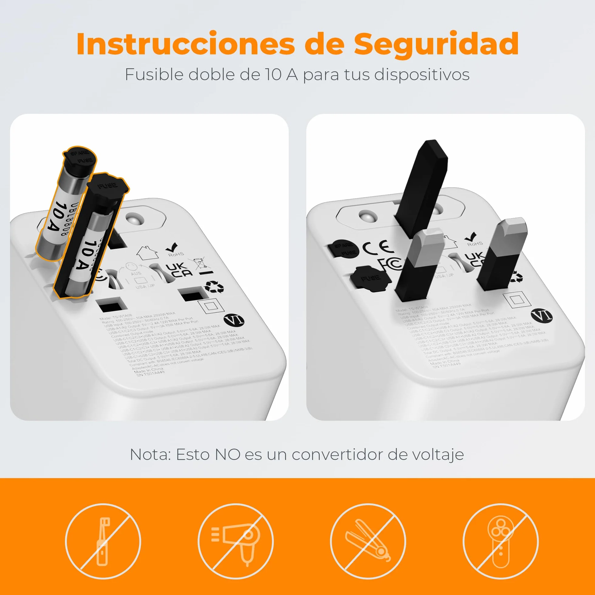 TESSAN Adaptador Enchufe Universal Viaje con 2 USB y 3 USB C para USA UK Irlanda Australia 224 Países