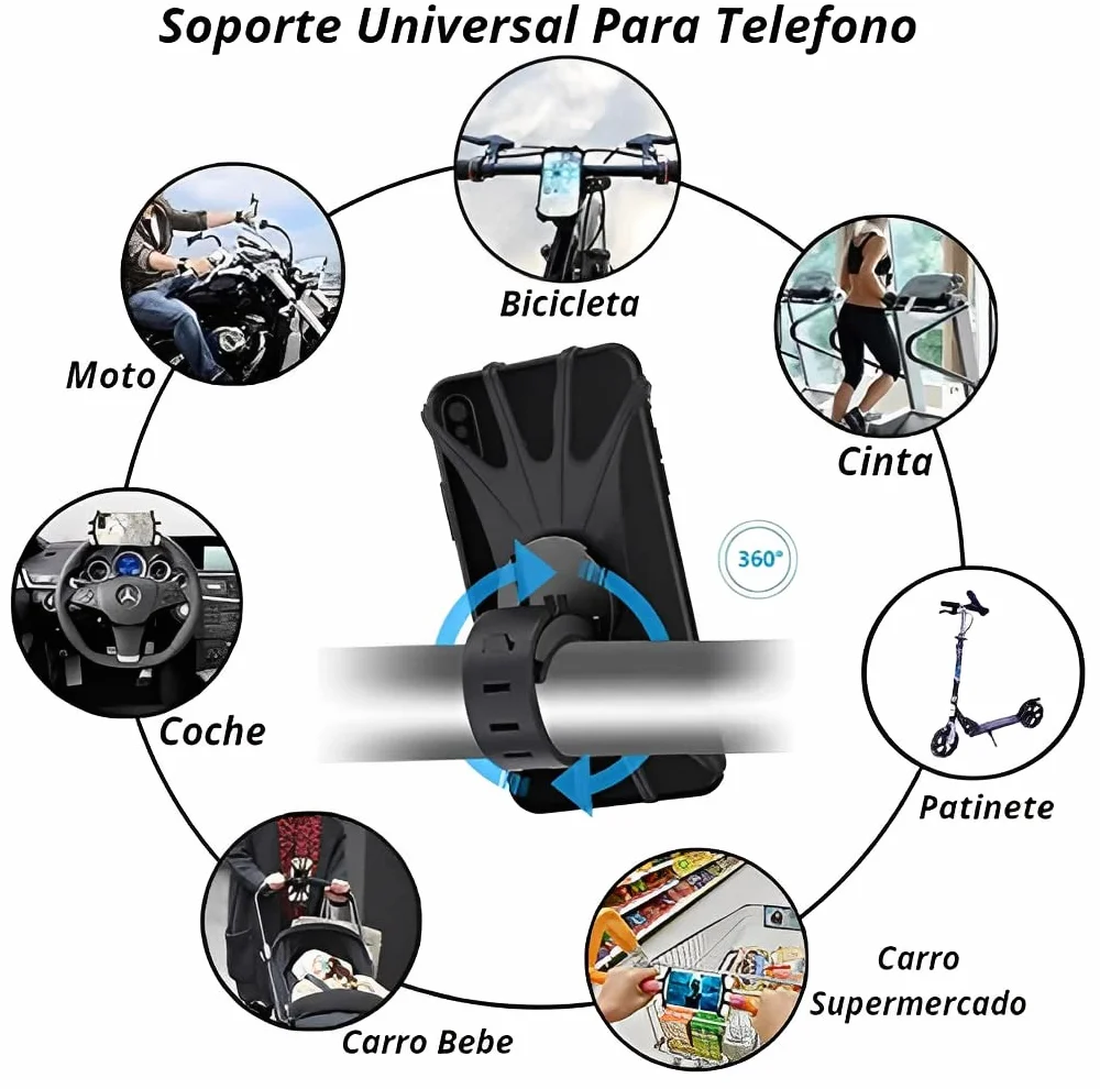 Soporte Móvil Universal con Rotación 360°, Ajustable Silicona 4.5-6.5" para Moto, Bicicleta, Carro Bebé, Patinete