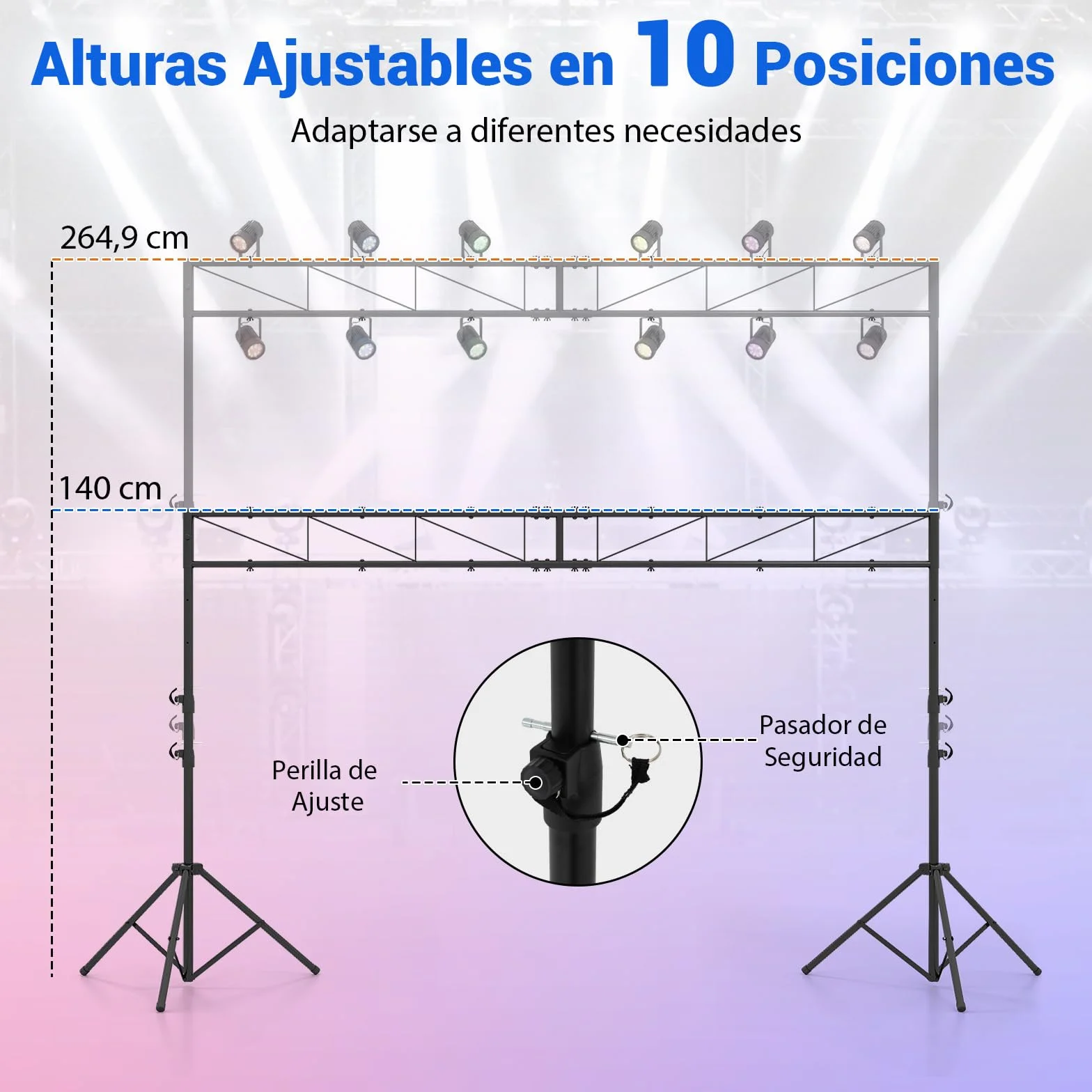 COSTWAY Soporte de Luz para DJ, Soporte de Truss Iluminación de Metal con Altura Ajustable en 140-265 cm, 2 Trípodes Plegables, 12 Puntos de Agarre, Soporte 50 kg, para Conciertos, Escenarios y Bodas