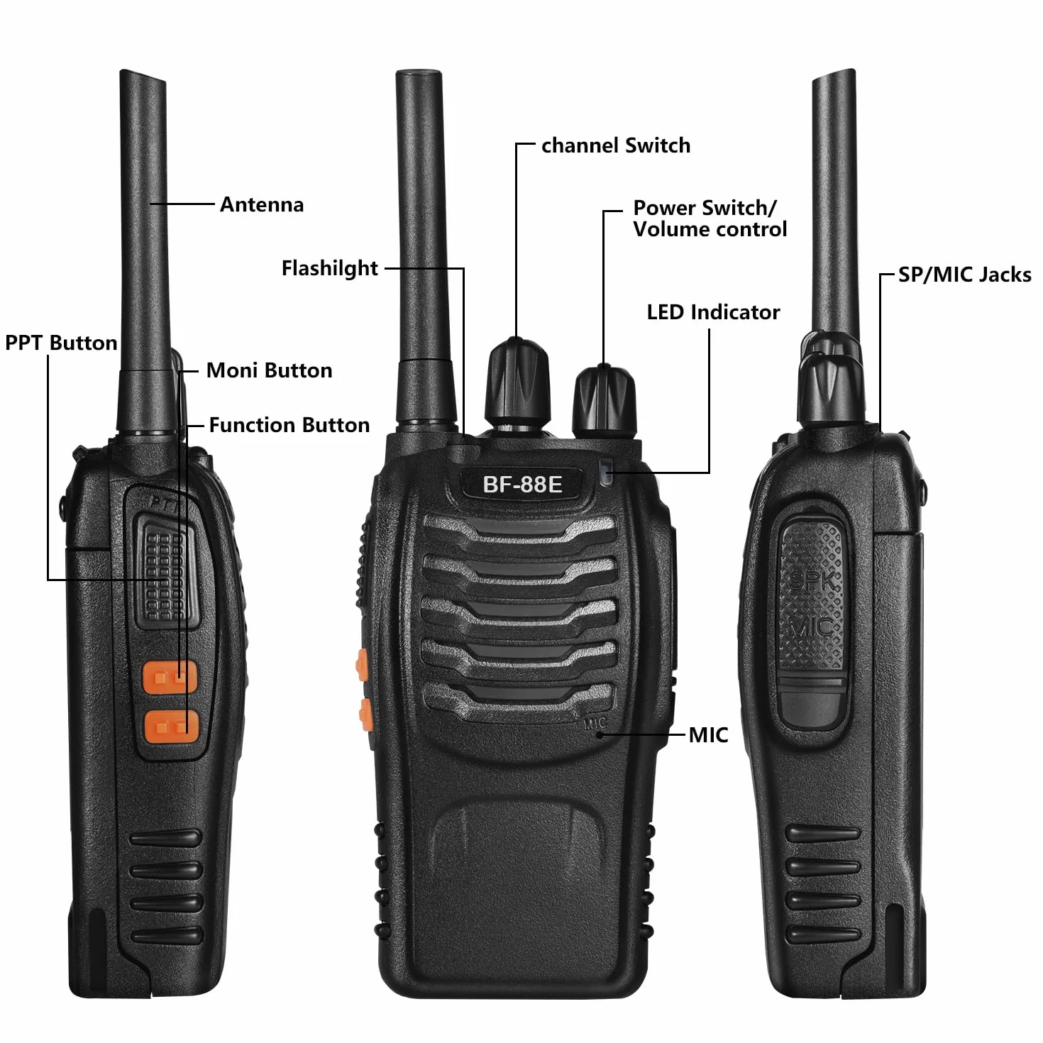 Walkie Talkie Profesionales, USB Recargables 1500mAh, 16 Canales CTCSS DCS, PMR 446 Radiocomunicación con el Auricular Incorporado Antorcha de LED, VOX - 1 Pare Negro BF-88E