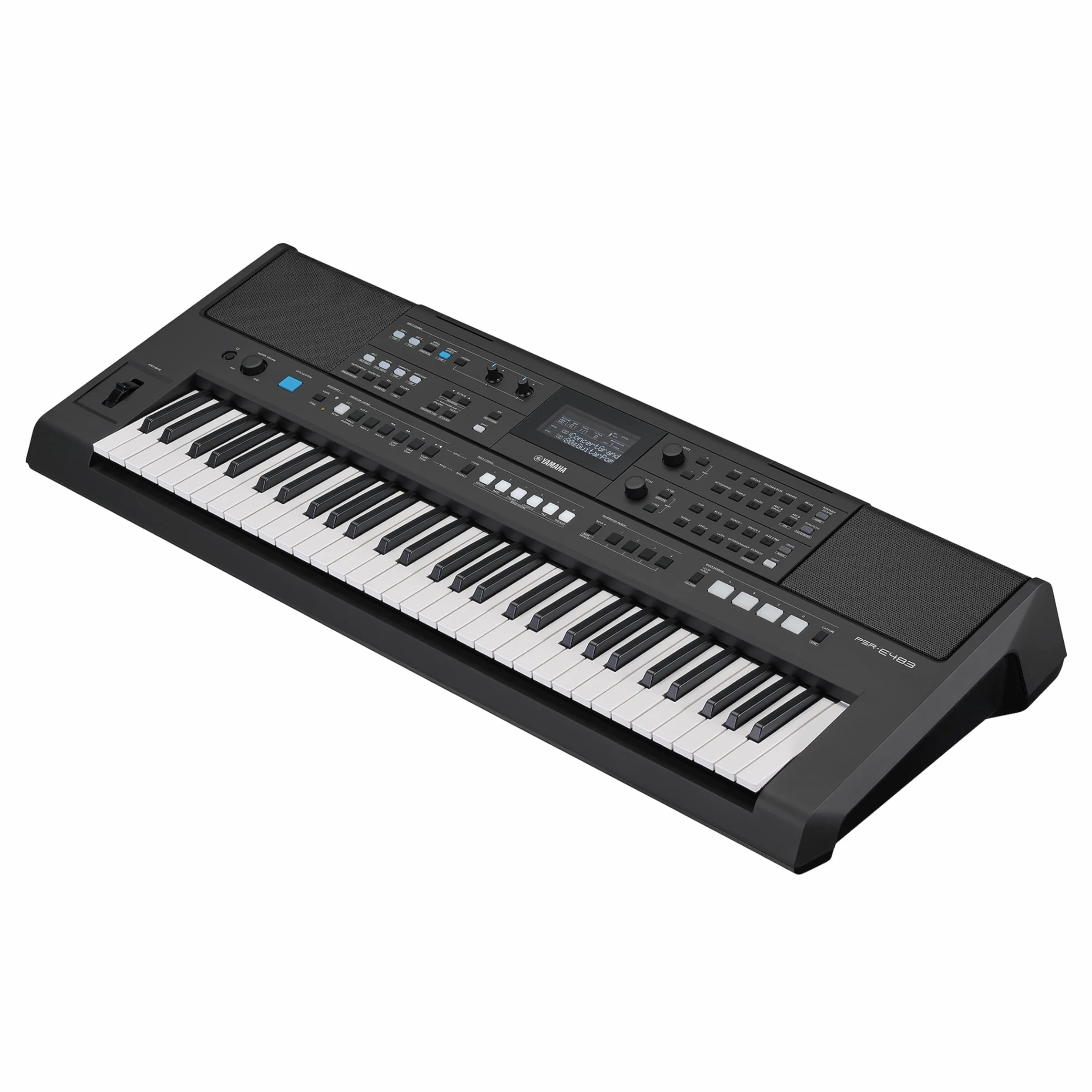 YAMAHA PSR-E483 – Teclado portátil moderno con 61 teclas sensibles a la pulsación, 860 Voces con 15 Super Articulation Lite, 345 Estilos, altavoces de alta potencia y USB-C – Negro