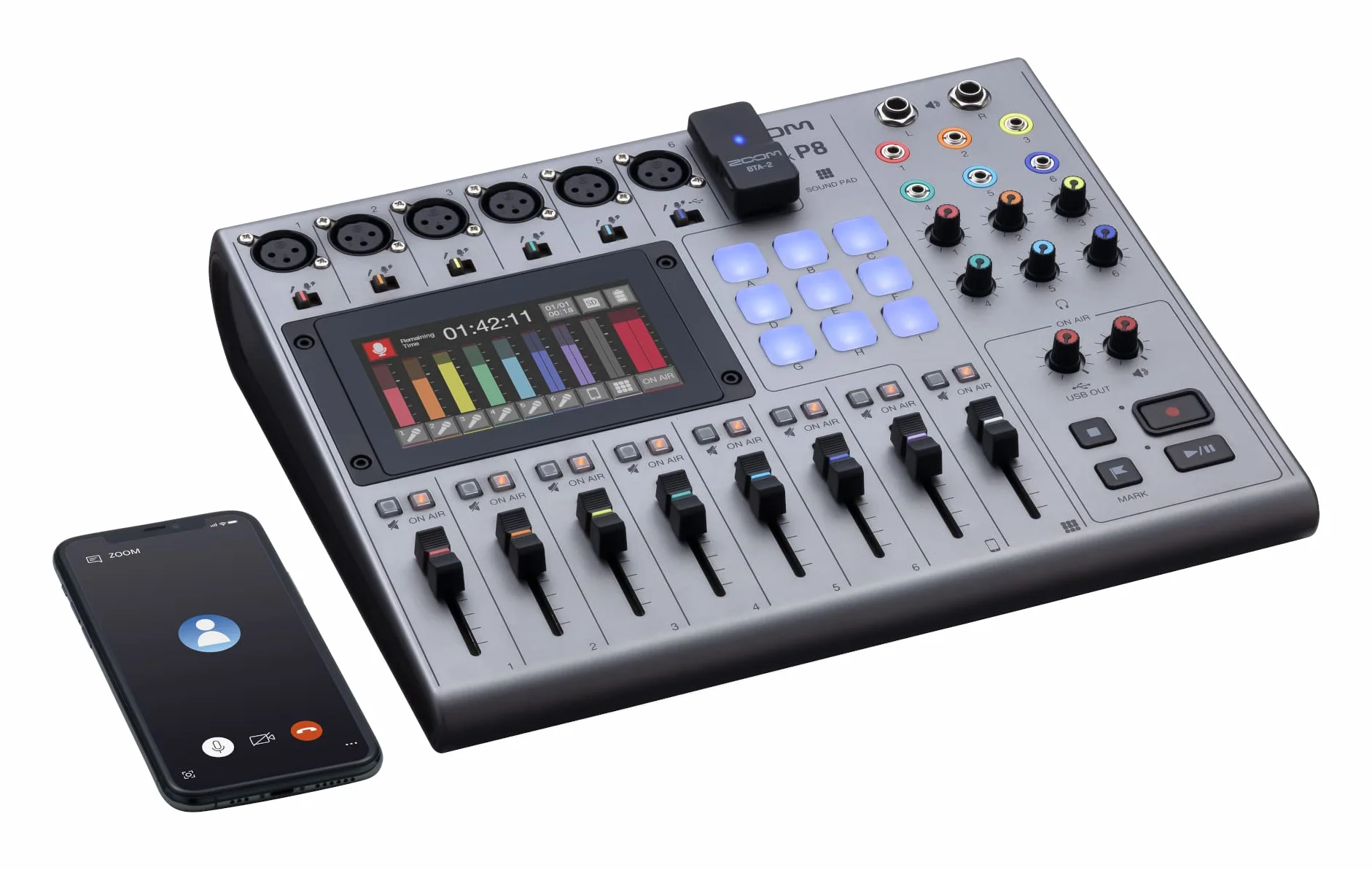 Zoom PodTrak P8 Grabador para Podcast, 6 entradas de micro, 6 salidas de auriculares, entrada Phone, Sound Pads, edición integrada, grabación en SD, interface de audio USB, alimentado por pilas