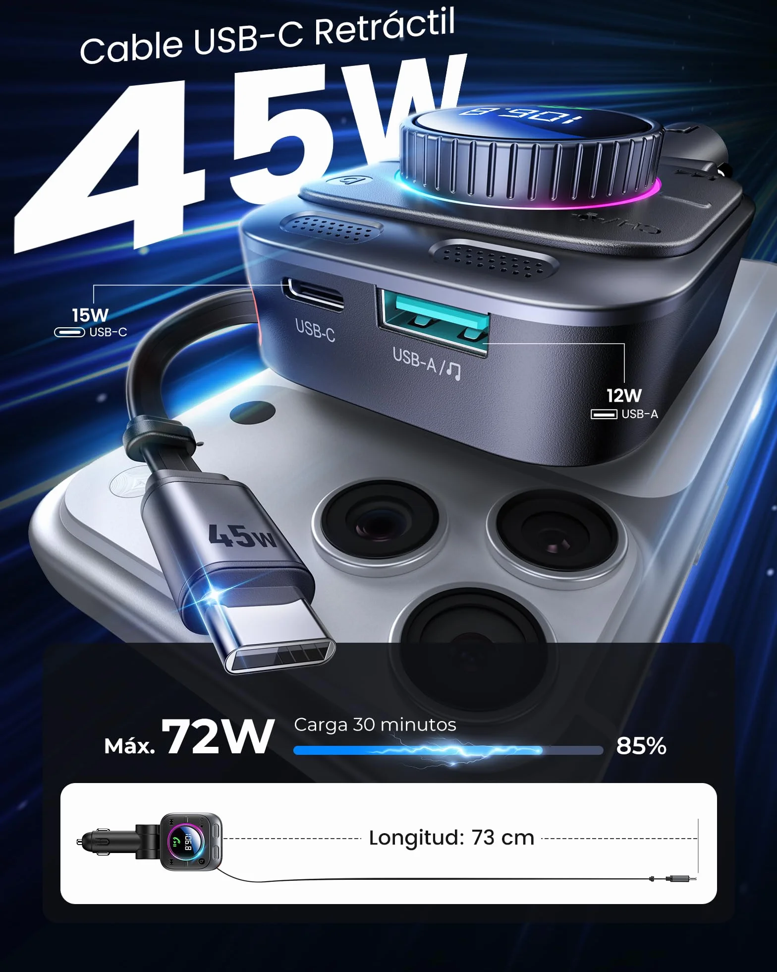LENCENT Transmisor FM Bluetooth 5.4 con Carga Rápida 72W, Adaptador de Coche con Cable USB-C Extensible de 72 cm, Manos Libres con Graves Potentes, Reproductor de Música USB para Viaje por Carretera