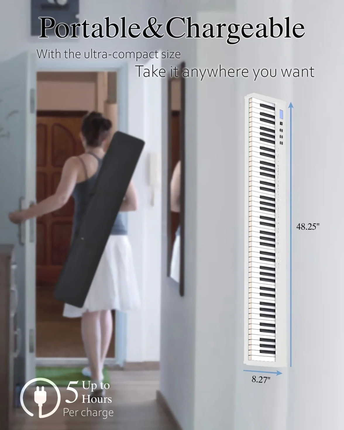 Longeye Piano Eléctrico 88 Teclas–Teclado Piano y Portátil con Soporte, Semicontrapesadas, Pedal de Sustain, Atril y Bolsa de Transporte–Blanco(Slim-88)