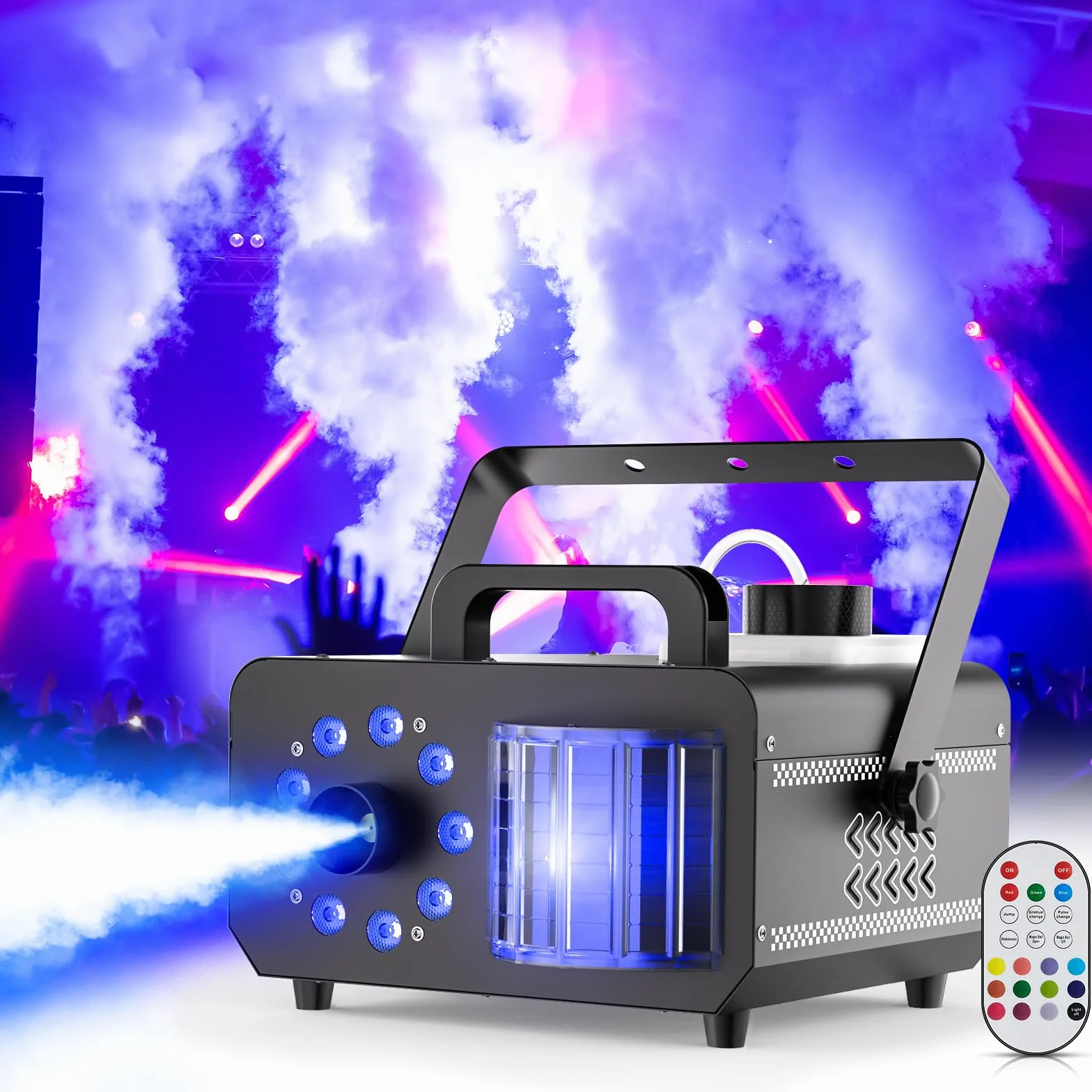 Máquina de Humo 1200W Máquina de Niebla con Control Remoto, 9 LED RGB Efectos de Luz Haz de Discoteca Fog Machine Portátil Estroboscópica 14 Colores para DJ Halloween Bodas Navidad Escenarios