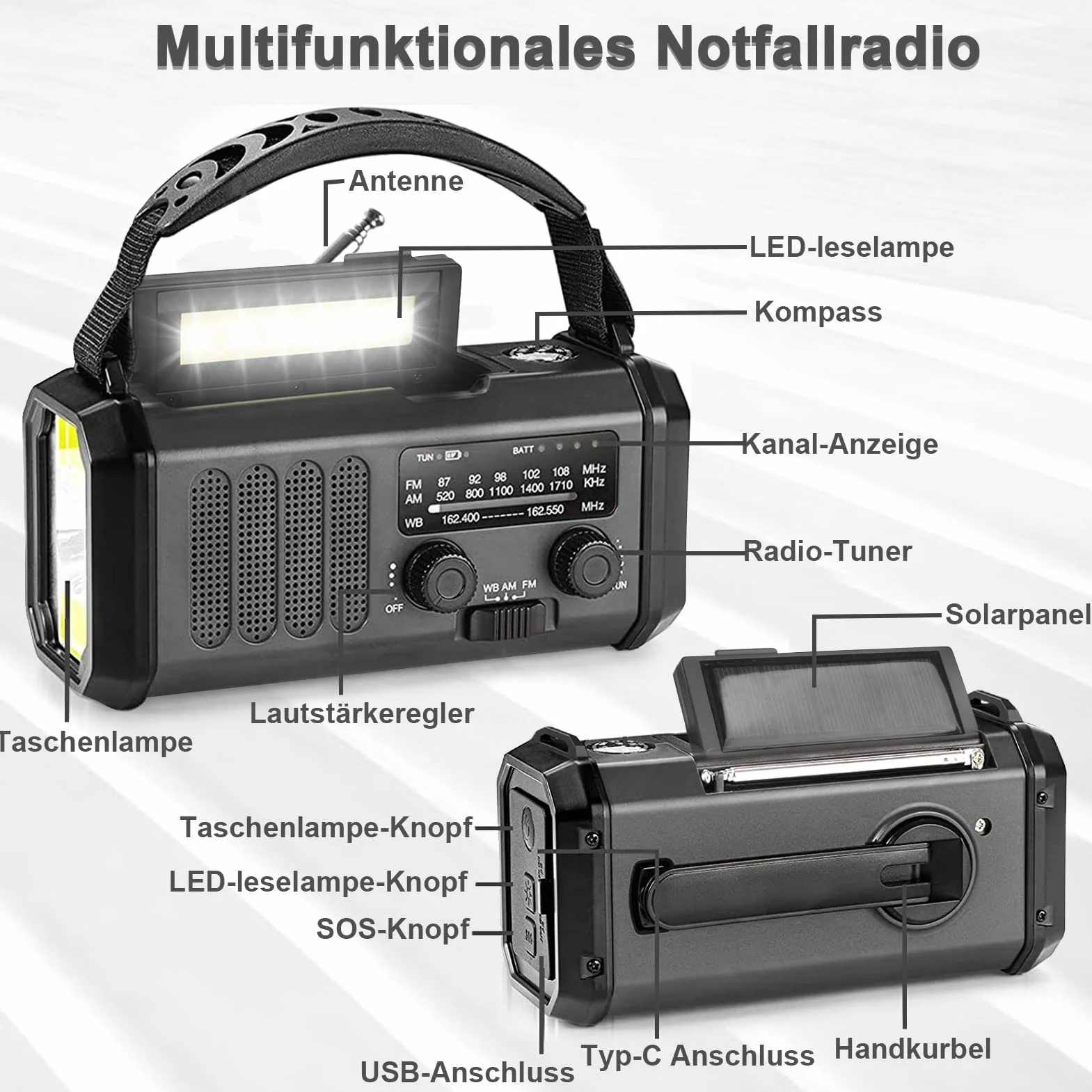 YIKANWEN Radio de manivela recargable 20000mAh, AM FM, Banco de energía, luz LED, Alarma SOS, brújula, Negro