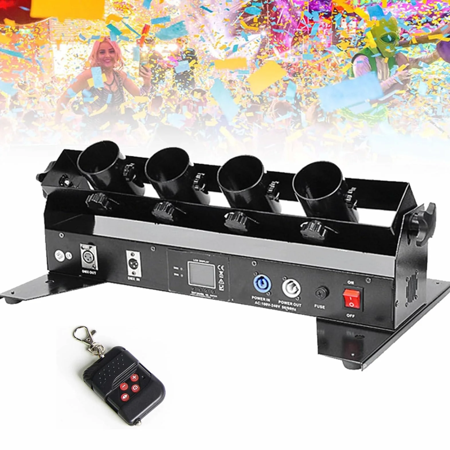 Máquina lanzadora de Confeti eléctrica, máquina sopladora de Confeti Profesional de 4 Disparos, cañón de Confeti DMX/Control Remoto para Bodas, Discotecas, espectáculos, Clubes, escenarios