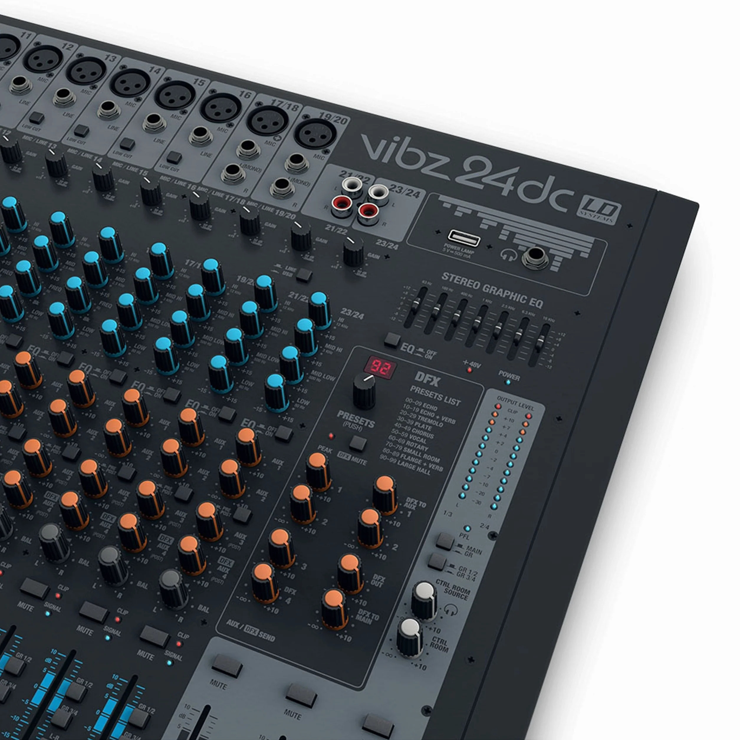 LD Systems VIBZ 24 DC - Mesa de mezclas de 24 canales con sección de efectos digitales y compresor