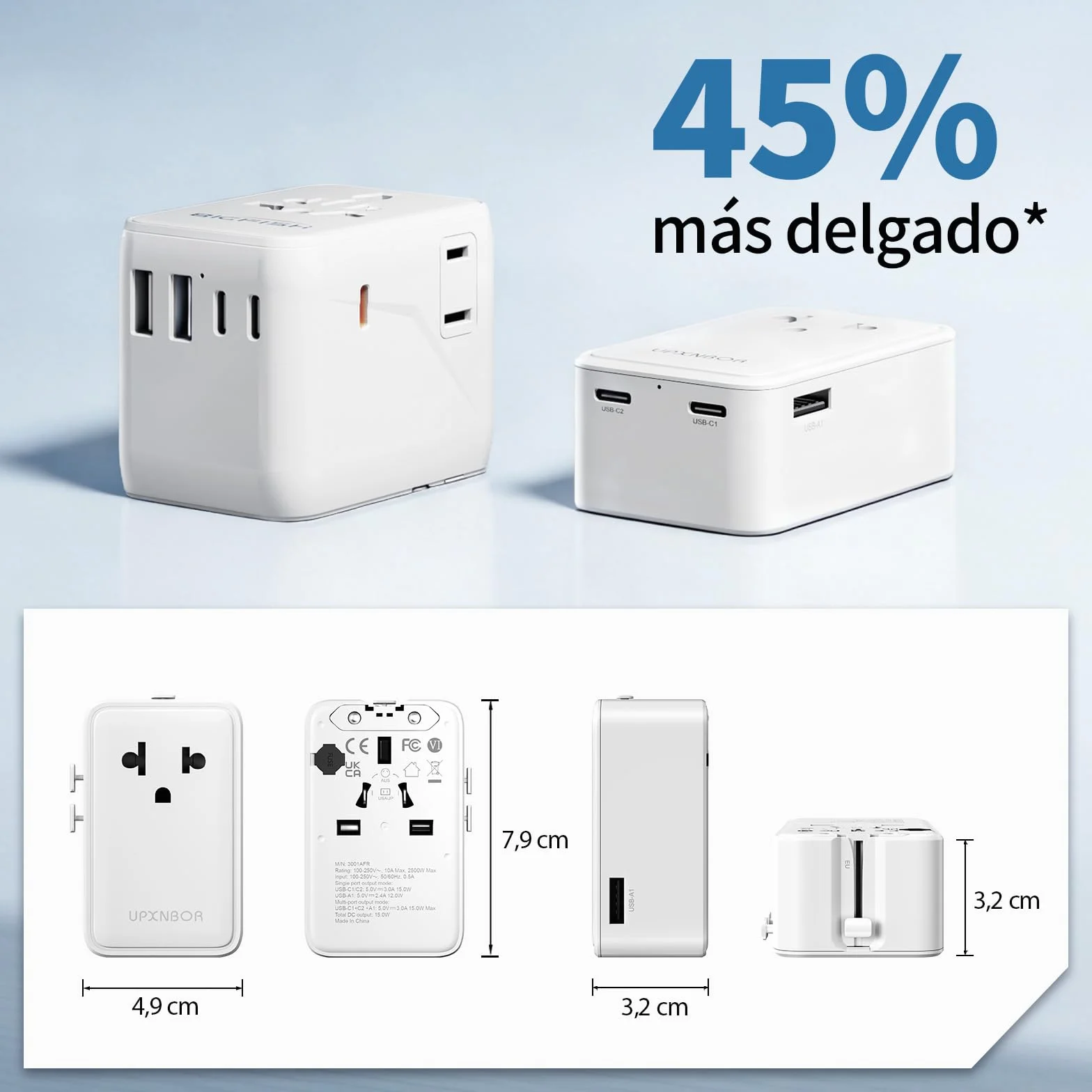 Adaptador Enchufe Universal Ultrafino, Adaptador Universal de Viaje con 1 USB-A y 2 USB-C, Adaptador Compacto Enchufe UK/USA/Reino Unido/Americano/Australia/Japón/Tailandia
