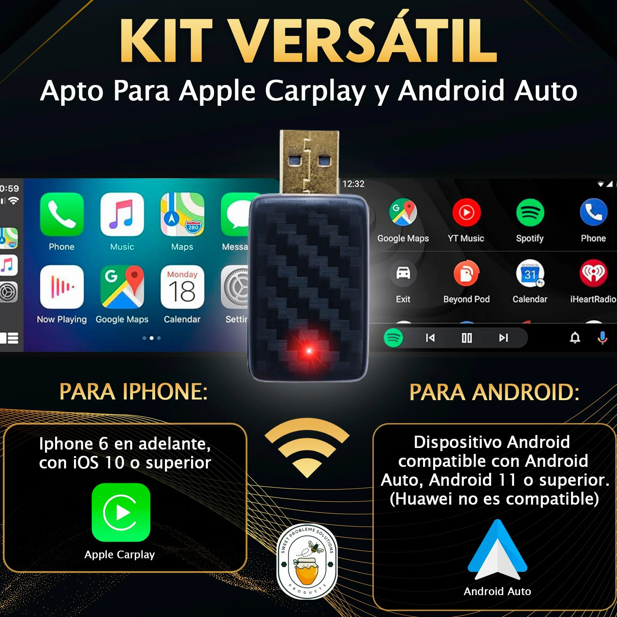 SweetSolutions© Adaptador Carplay Inalámbrico | Android Auto |2 En 1| Convierte Conexión por Cable a Inalámbrica para Coche | Compatible con iOS 10+ y Android 11+, USB-C/A, 6GHz WiFi