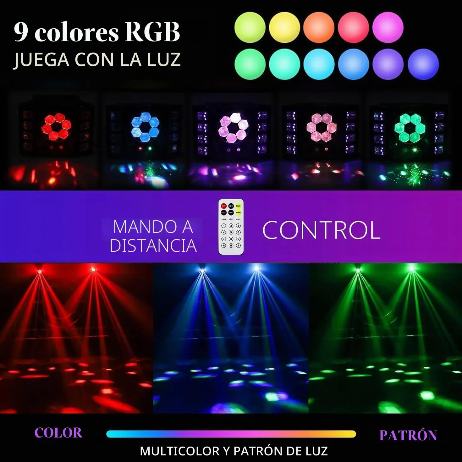 Luce discoteca 100 W, luz de fiesta, ojo de abeja, luz de flash UV, DMX de 14 canales con control de voz, mando a distancia, adecuado para bodas, fiestas de cumpleaños, Halloween, eventos de bar
