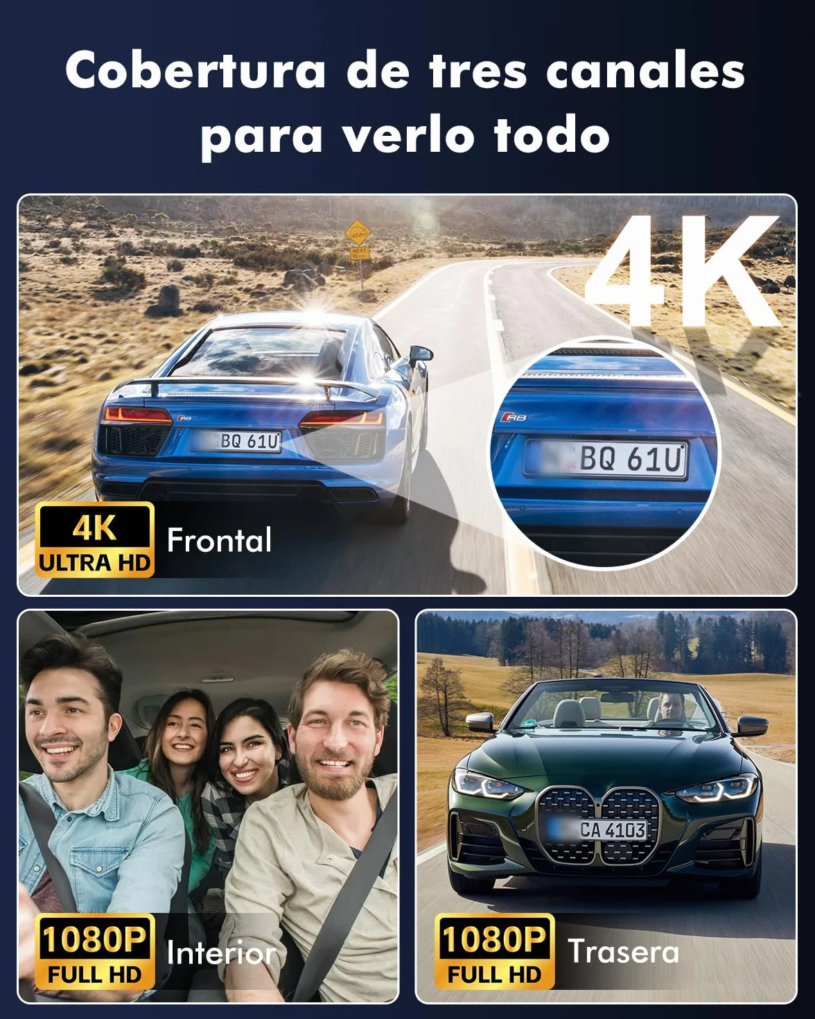 Dashcam 4K 3 Canales para Coche, Cámara Coche Interior y Trasera con GPS WiFi 6, Vigilancia 24H Parking, Visión Nocturna HDR, Dash CAM Coche con Tarjeta 64GB Gratis (V1)