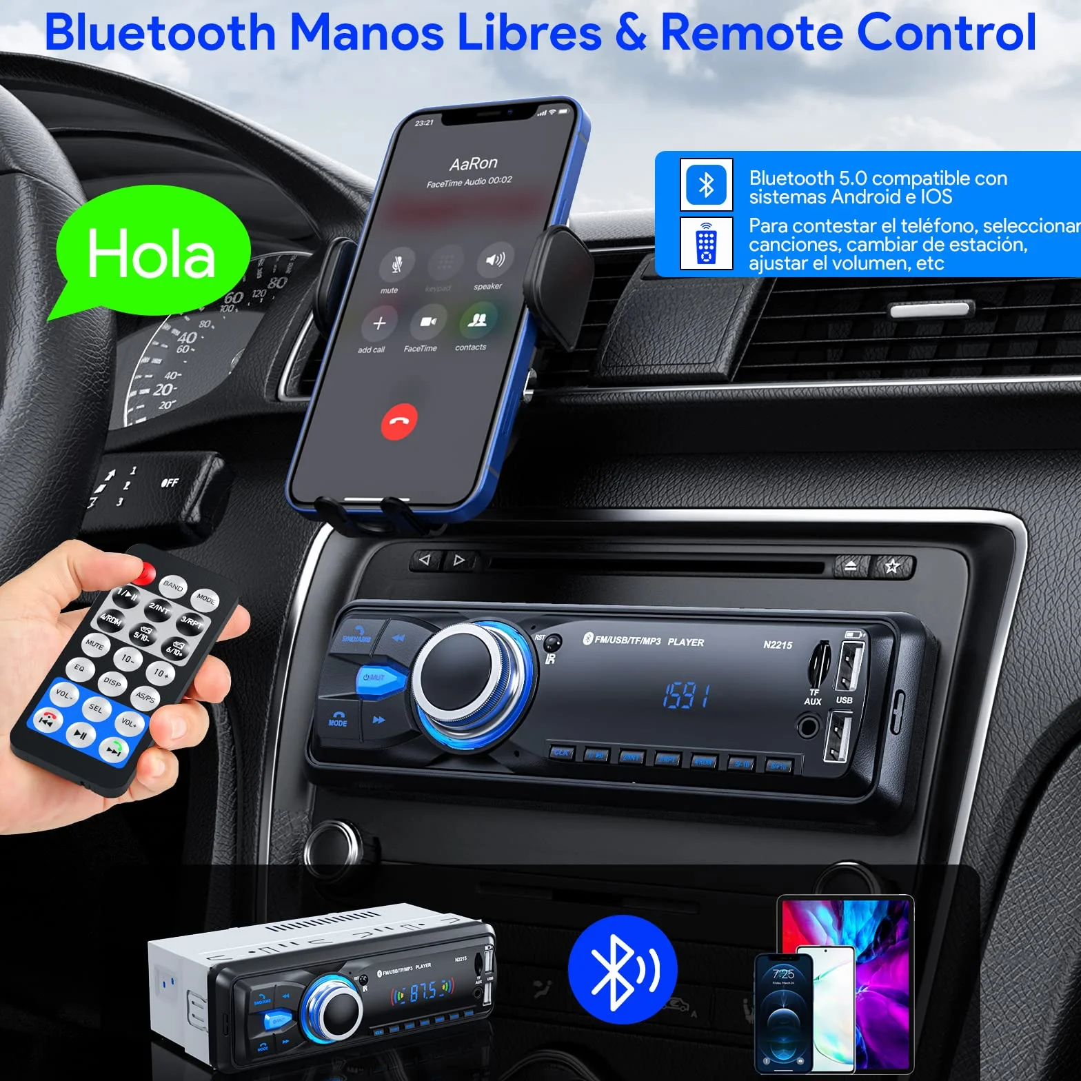 Radio Coche Bluetooth 5.0 Manos Libres, Chismos Autoradio Coche Bluetooth Pantalla1 DIN FM Radio soporta MP3/AUX/2USB/Control Remoto/Carga Rápida (Sin RDS/CD/DVD)