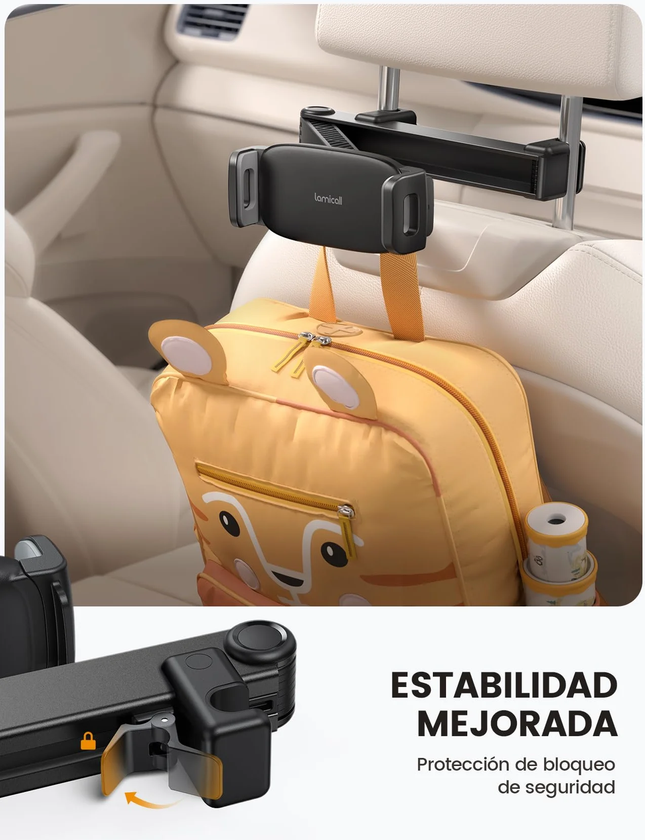 Lamicall Soporte Tablet Reposacabezas Coche - [con Cerradura] [Brazo de Extensión Biaxial Mejorado] 360°Rotación, Soporte Coche para iPad Pro, Air, Mini, Switch y Otros 4,7 a 13" Móvil y Tablet