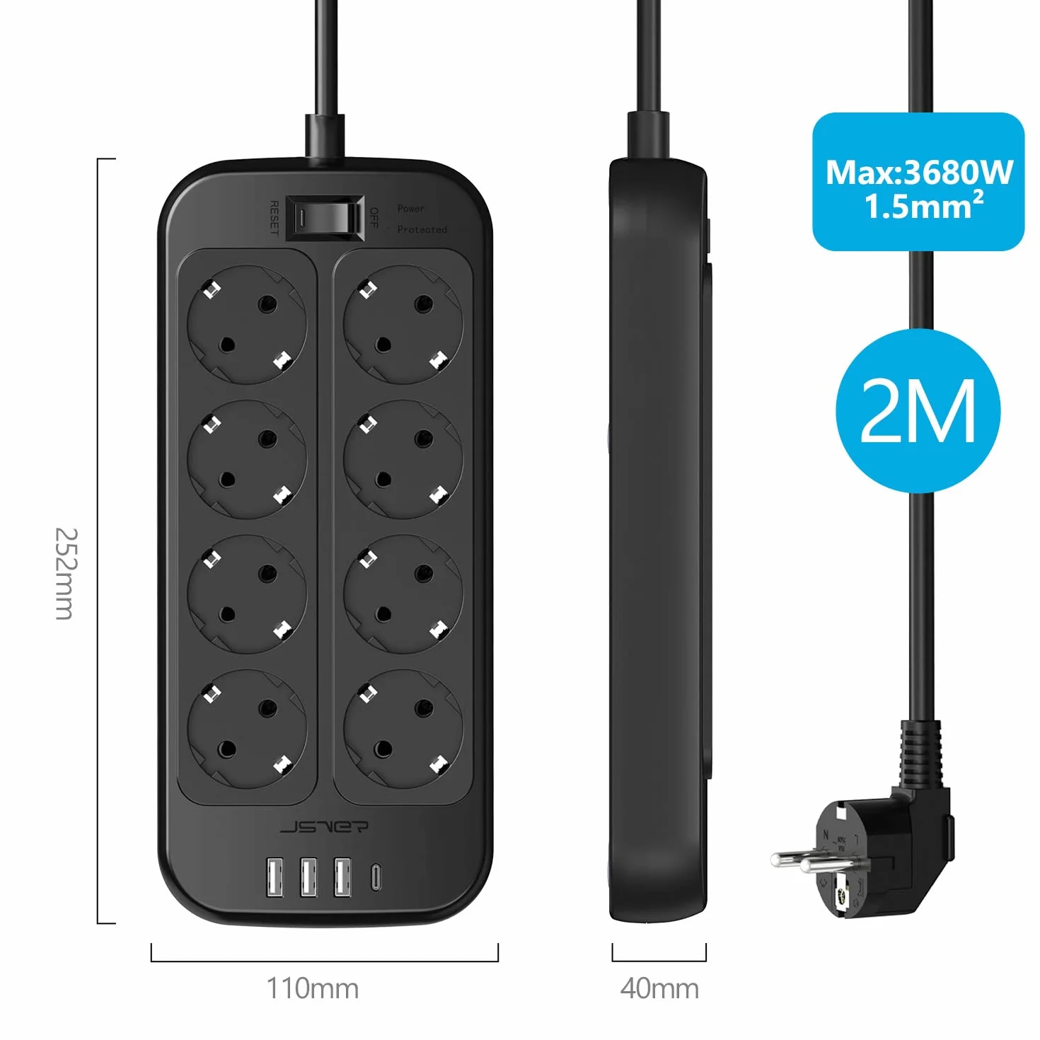 JSVER Regleta Enchufes USB 8 Tomas 4 Puertos 5V3.4A Protección Sobretensión Cable 1.8m Negro