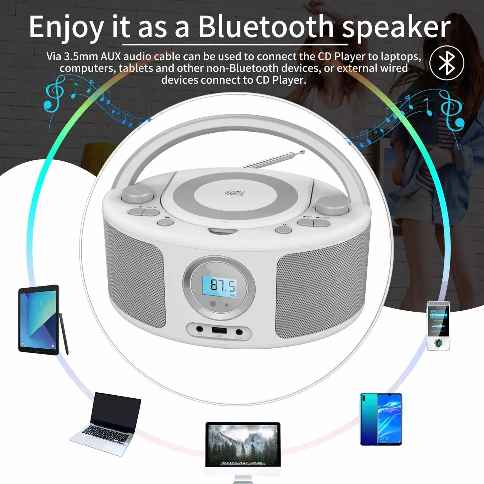 Radio CD Portátil Bluetooth USB MP3 Estéreo Boombox WTB791