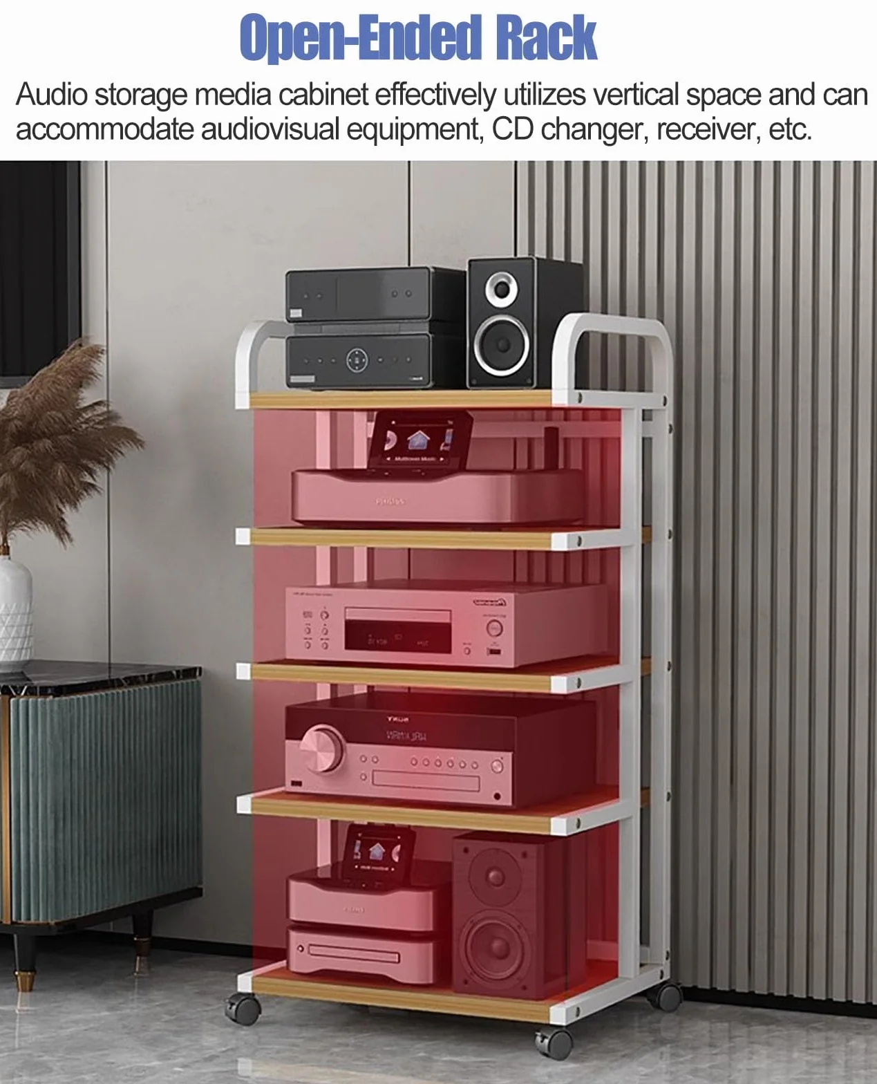 YLLFFLL Mueble Equipo HiFi Soporte para Componentes Audiovisuales con Ruedas, Mueble Estéreo con Ruedas para Salón/Oficina/Espacios Pequeños, Soporte Estéreo De 3/5/ 4 Estantes(Black,H 106cm(41.7in))