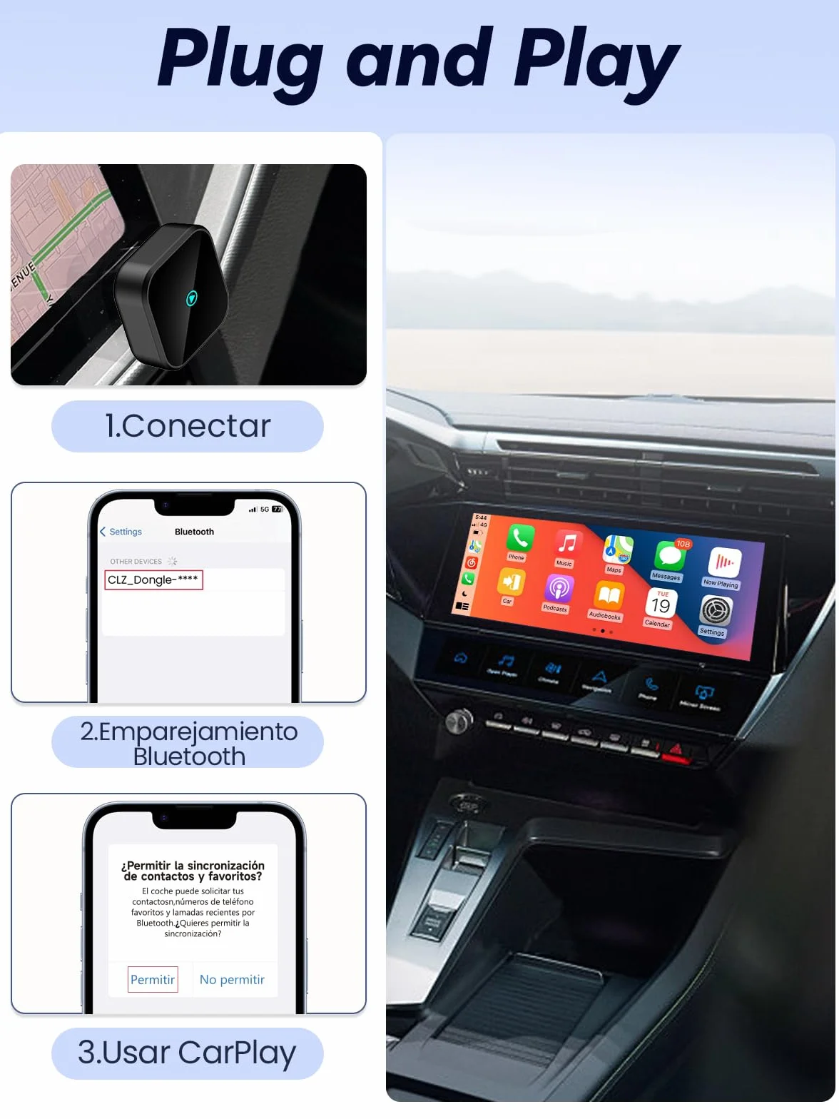 T3 Mini Adaptador CarPlay Inalámbrico para iPhone, Convierte CarPlay con Cable en Inalámbrico, Plug & Play con Type-C/USB, Compatible con Coches Desde 2016, Adecuado para iPhone con iOS 10+