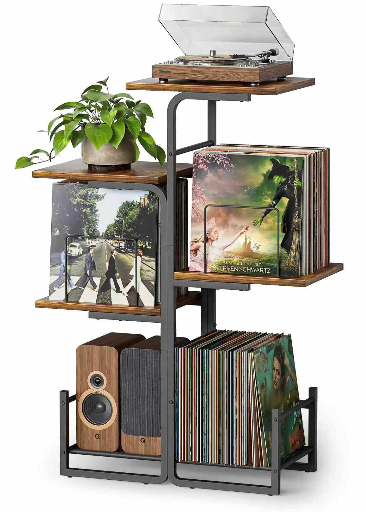 Bikoney Mueble para Tocadiscos Estilo Vintage con Gran Almacenaje de Vinilos, Soporte para LP con Estantes, Mesa para Tocadiscos y Organizador de Discos para Salón y Dormitorio