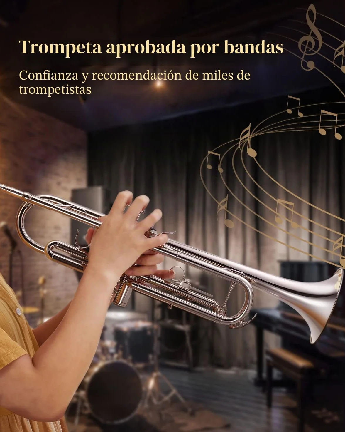 Juego de trompeta Eastar Standard en Sib para principiantes, instrumento de viento metal para estudiantes, con estuche rígido, kit de limpieza, boquilla 7C y guantes, ETR-380N, plateado