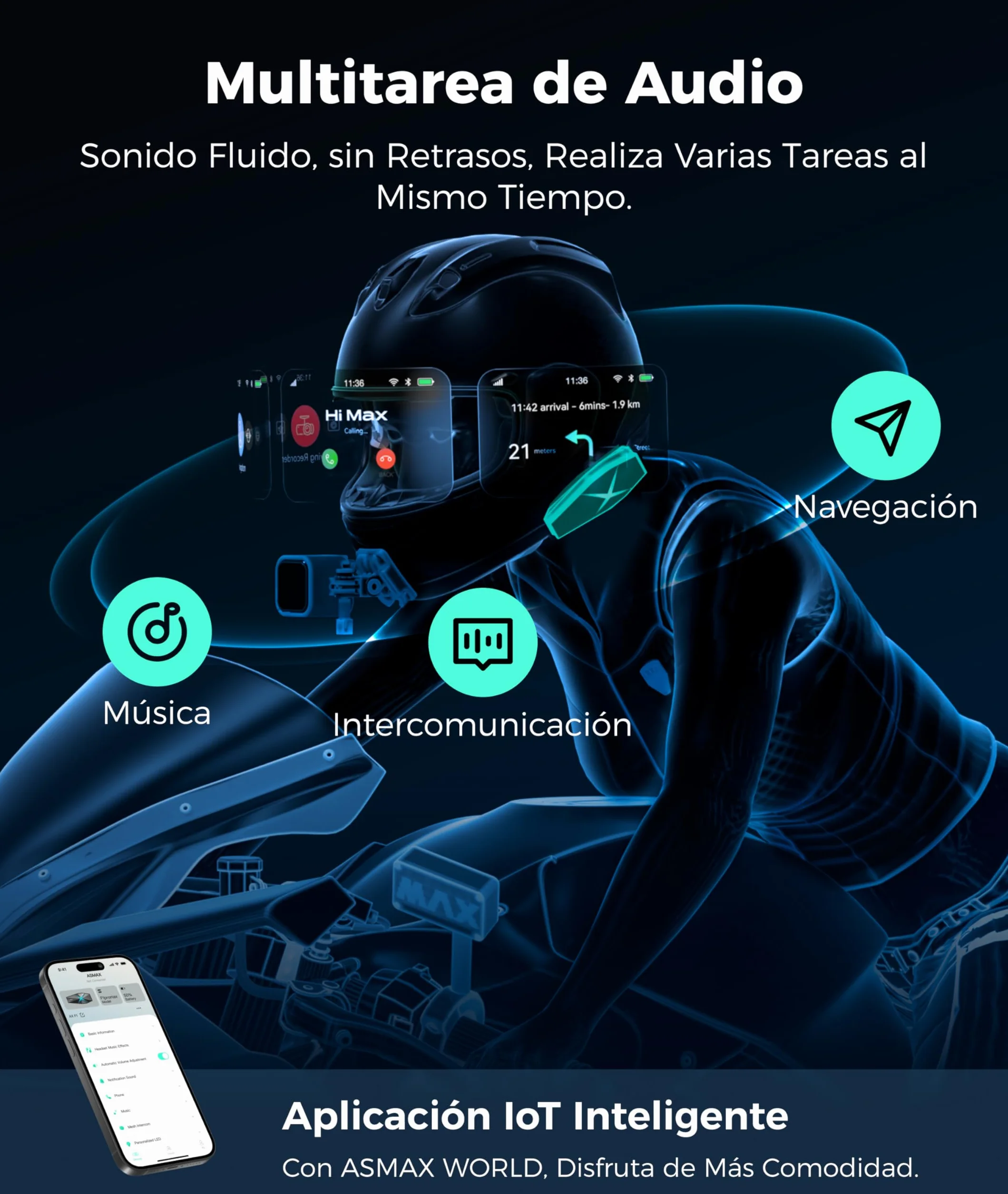 ASMAX Intercomunicador Casco Moto Bluetooth 10 Vías Mesh, Control de Voz Español, Carga Rápida, ENC Cancelación Ruido