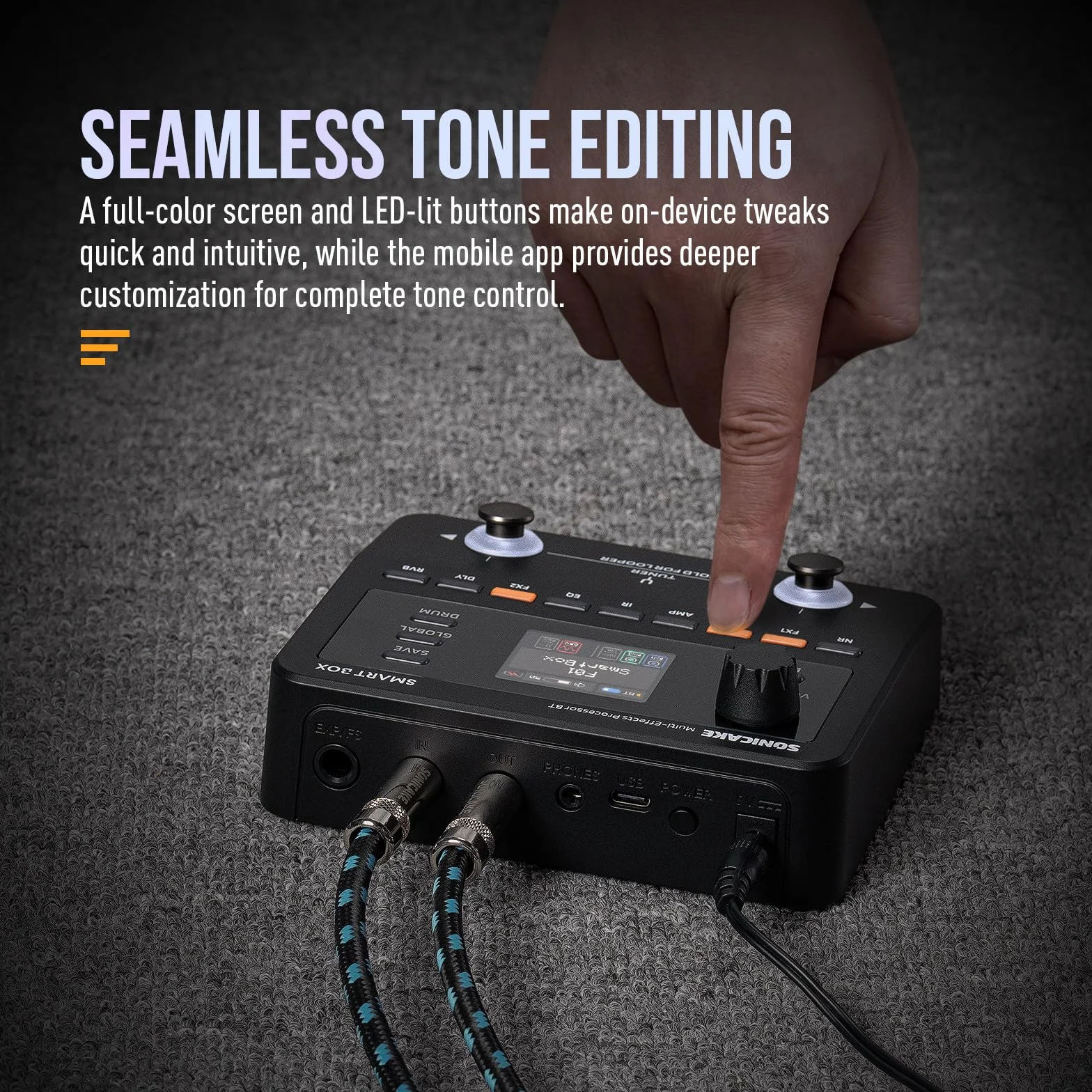 SONICAKE Procesador de Múltiples Efectos para Guitarra/Bajo, 130+ Efectos, Soporte NAM/IR, Looper, Afinador/Metrónomo Integrado, Salida Estéreo Smart Box QME-20