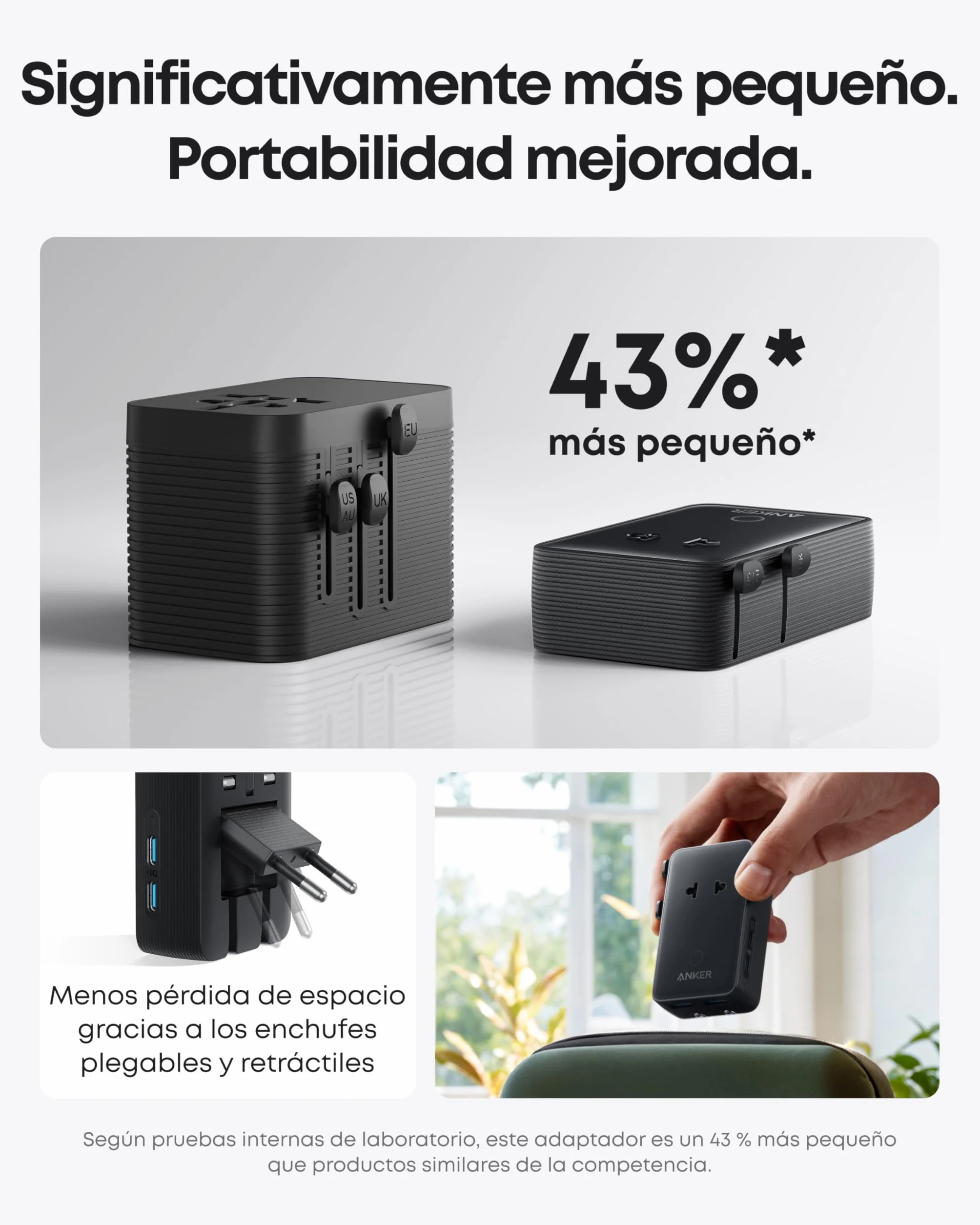 Anker Nano Adaptador Enchufe Universal de Viaje, 5 Puertos USB con 1 Puerto CA, 2 USBA y 2 USBC, Control de Temperatura