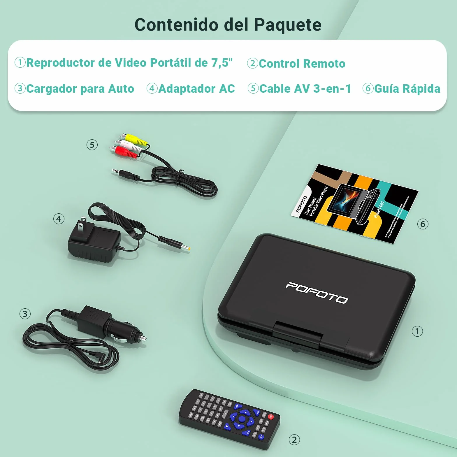 POFOTO Reproductor DVD portátil 9,5'' Pantalla giratoria HD 7,5'' 6h Autonomía Altavoz estéreo Discos/SD/USB Sincronización TV Antigolpes Negro