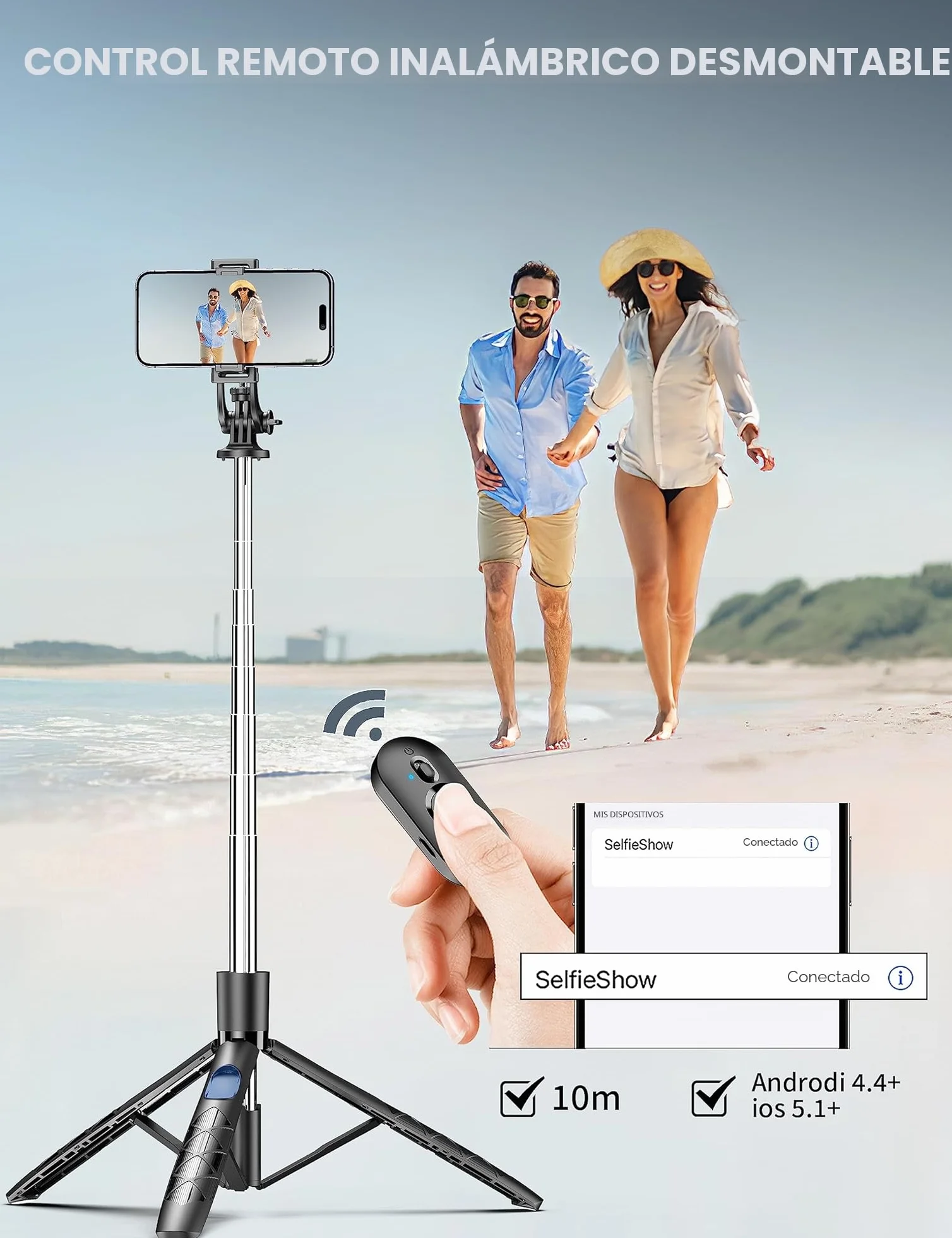 180cm Trípode para Movil, Palo Selfie Tripode con Control Remoto Desmontable para Teléfono Móvil, Soporte de Trípode de Teléfono Compatible con iPhone/Samsung/GoPro/Cámara
