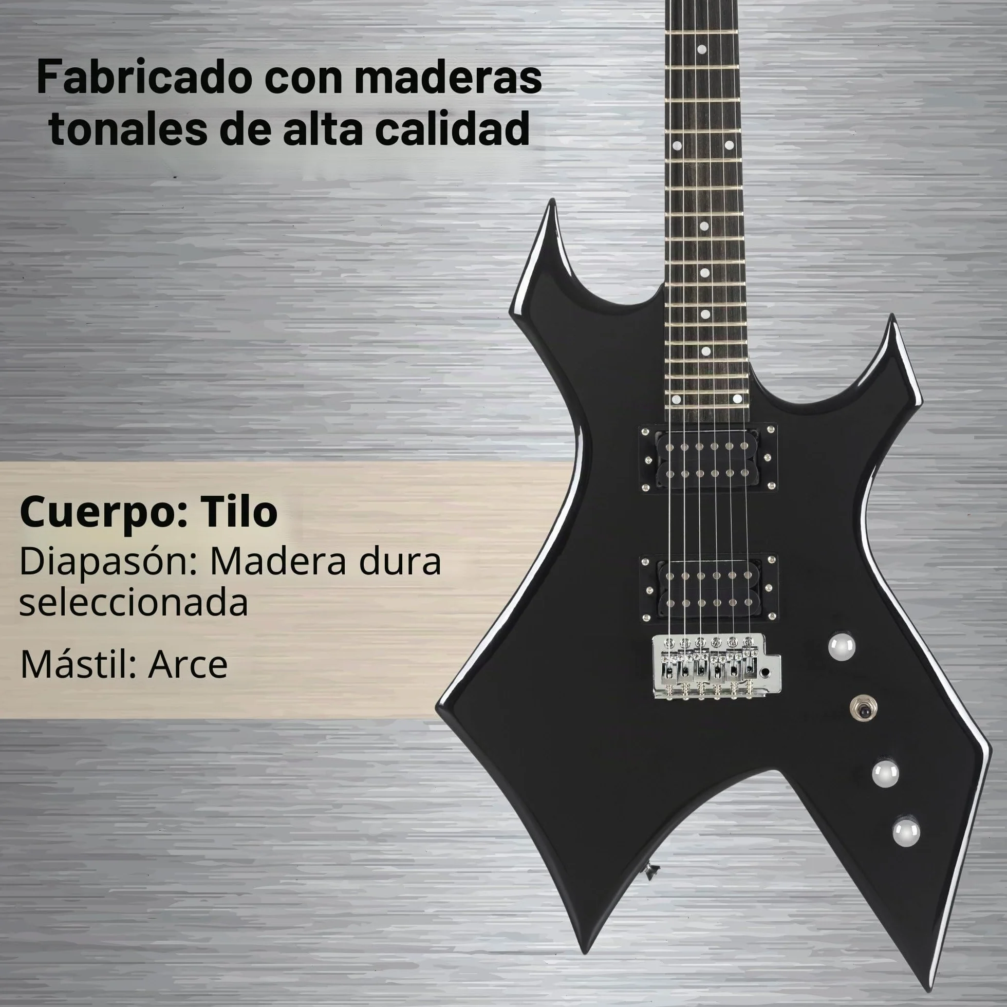 Rocktile Warhead E-Gitarra - Rocktile Heavy-Series - Cuerpo: Tilo - 2 Humbucker Pickups - 24 Trastes - Diapasón de madera dura seleccionada - Vintage String Thru Tremolo - Negro Brillante
