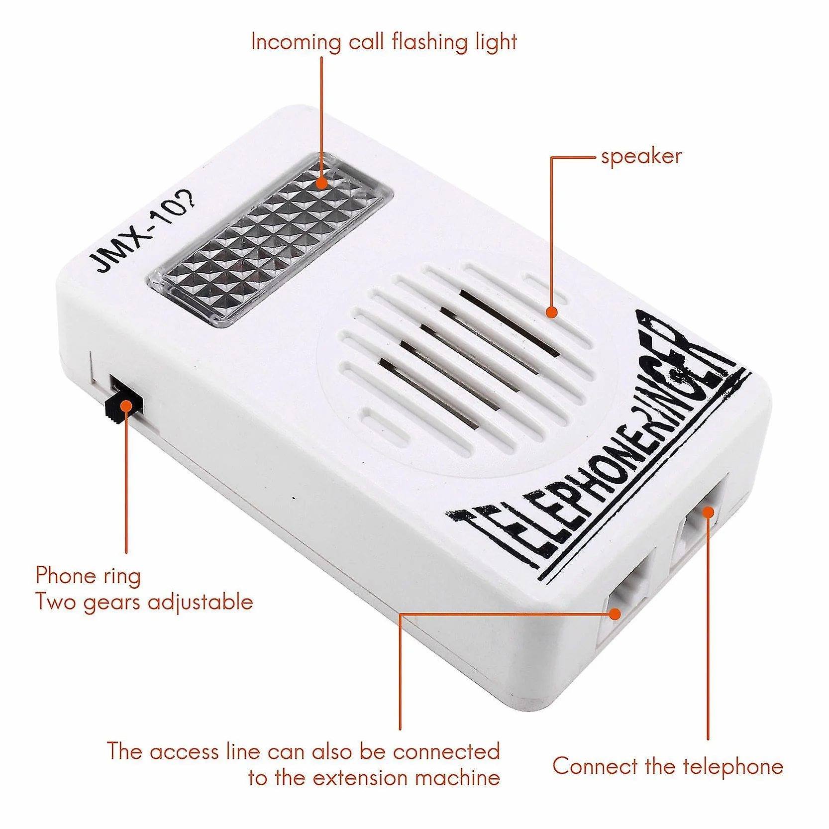 TECHZOCO Timbre con luz intermitente para teléfono fijo, amplificador sonido, 95dB, RJ11, Blanco