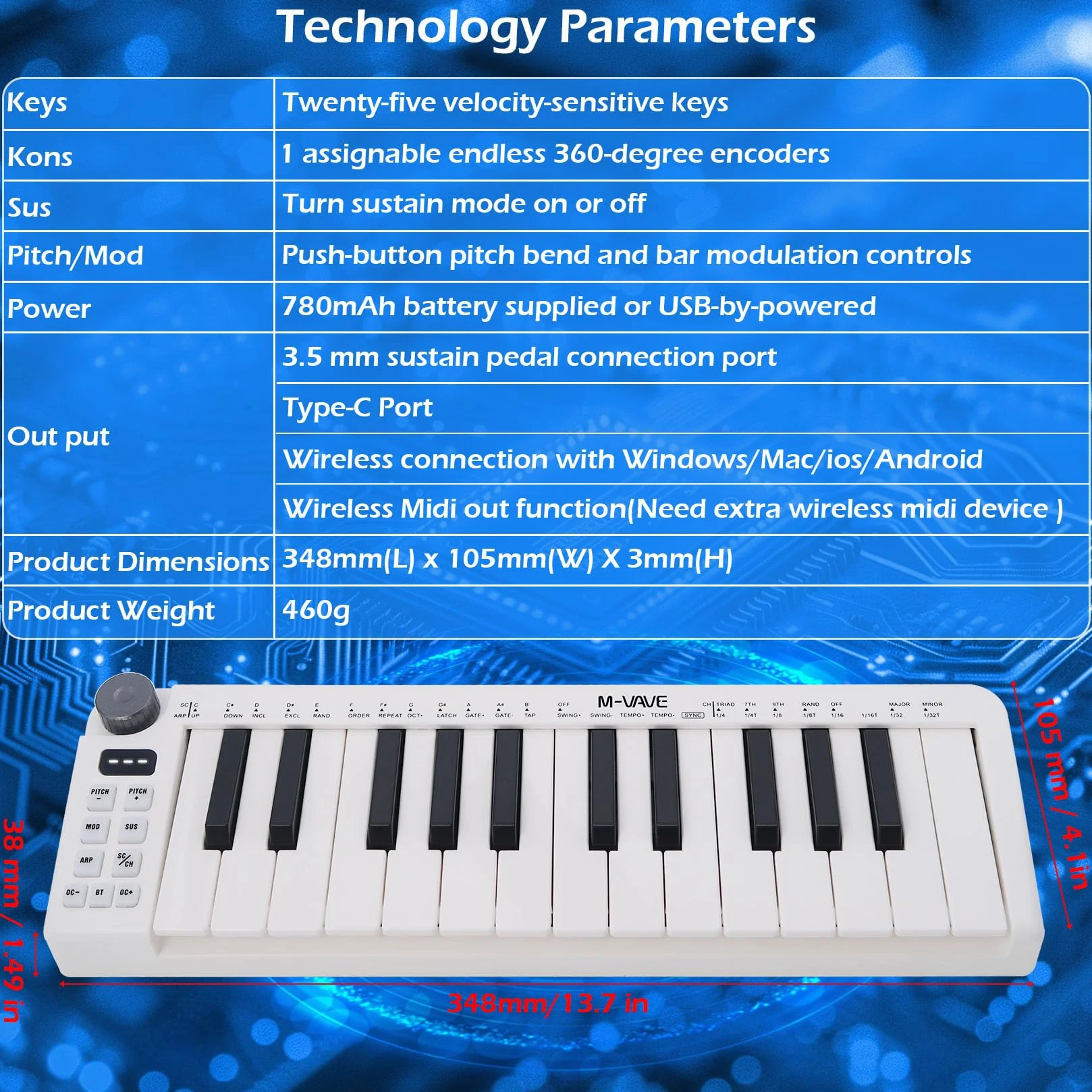 M-VAVE Teclado MIDI de 25 teclas, Mini teclado, creador de ritmos profesional y teclado para producción de música, batería integrada, conexión inalámbrica, color blanco, mini sin