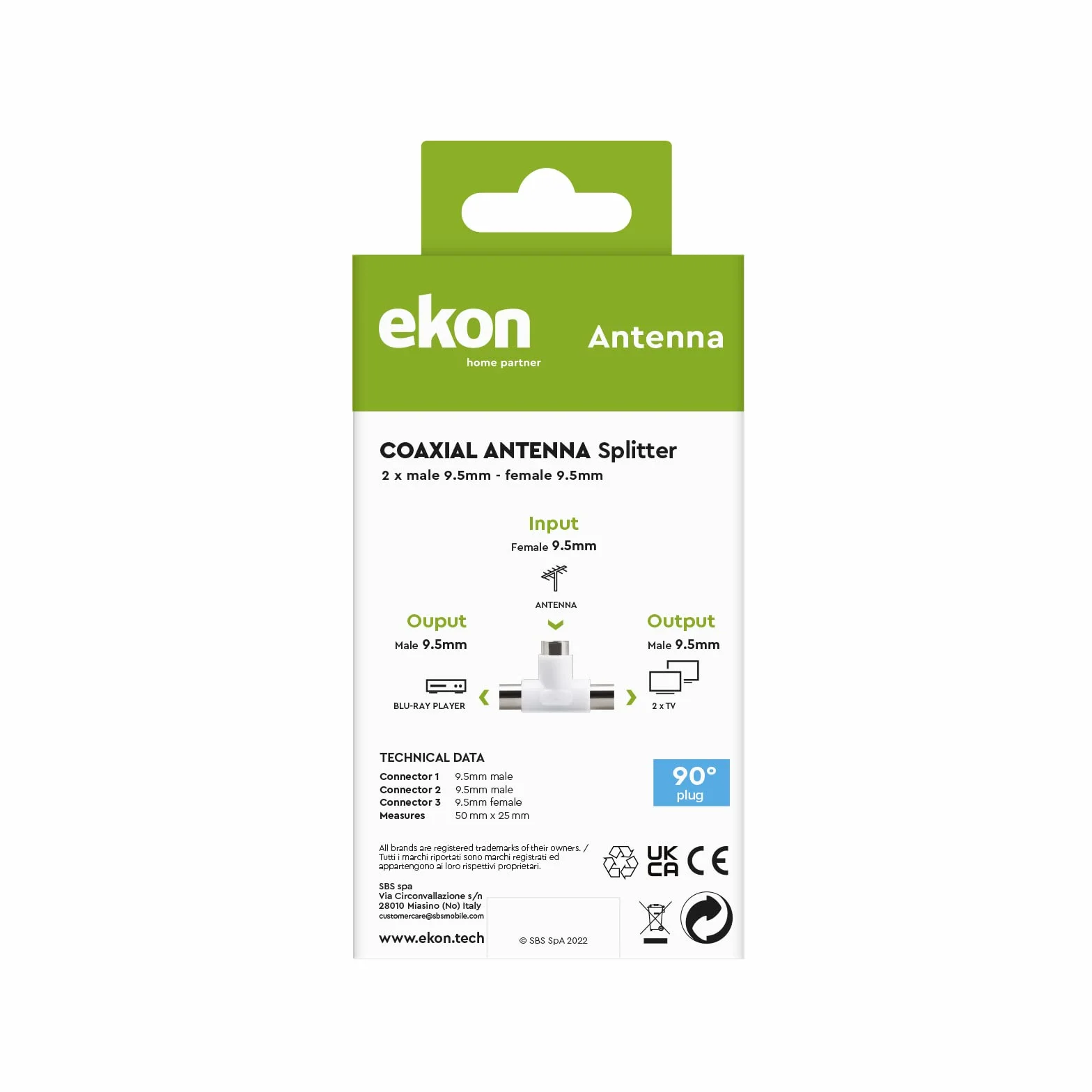 Ekon Divisor de Antena de TV de 9,5 mm, 2 Tomas Macho, 1 Conector Hembra Divisor coaxial, Divisor de Antena de TV, para TV, Smart TV, decodificador, Digital terrreste, satélite
