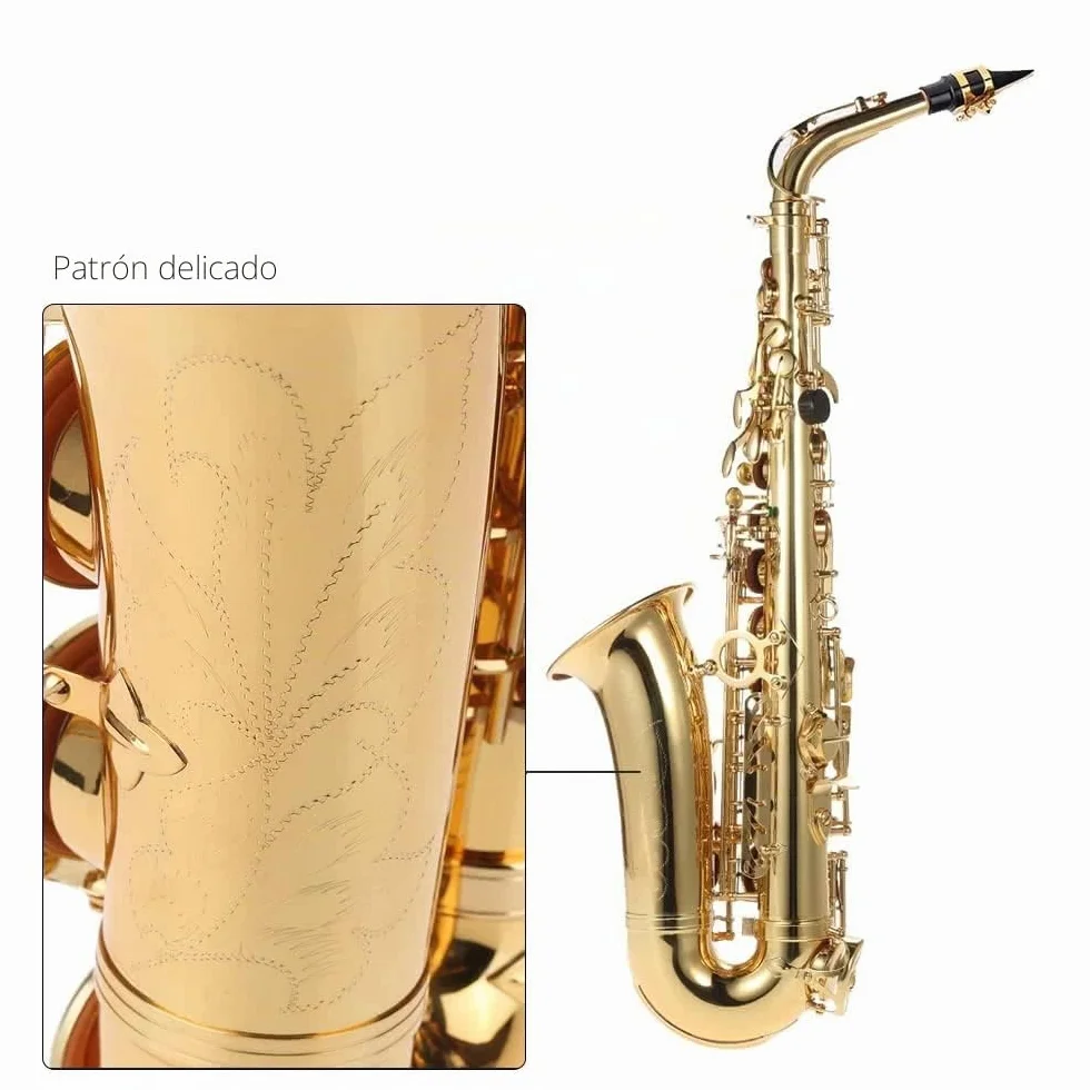 Saxofón alto Saxofón alto Mib Latón lacado oro Saxofón plano en mi 802 Tipo de llave Herramienta de viento con cepillo de limpieza Guantes de tela Funda acolchada con cintu