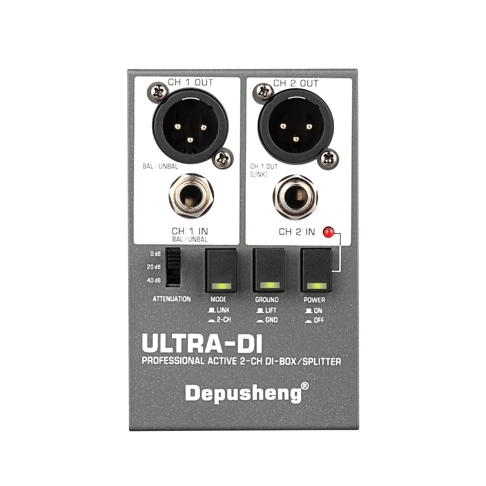 Depusheng Ultra-DI Di2 - Caja DI/Divisor activo profesional de 2 canales con atenuador de entrada para conectar guitarra y bajo, conector balanceado y no balanceado, compatible con 48 V