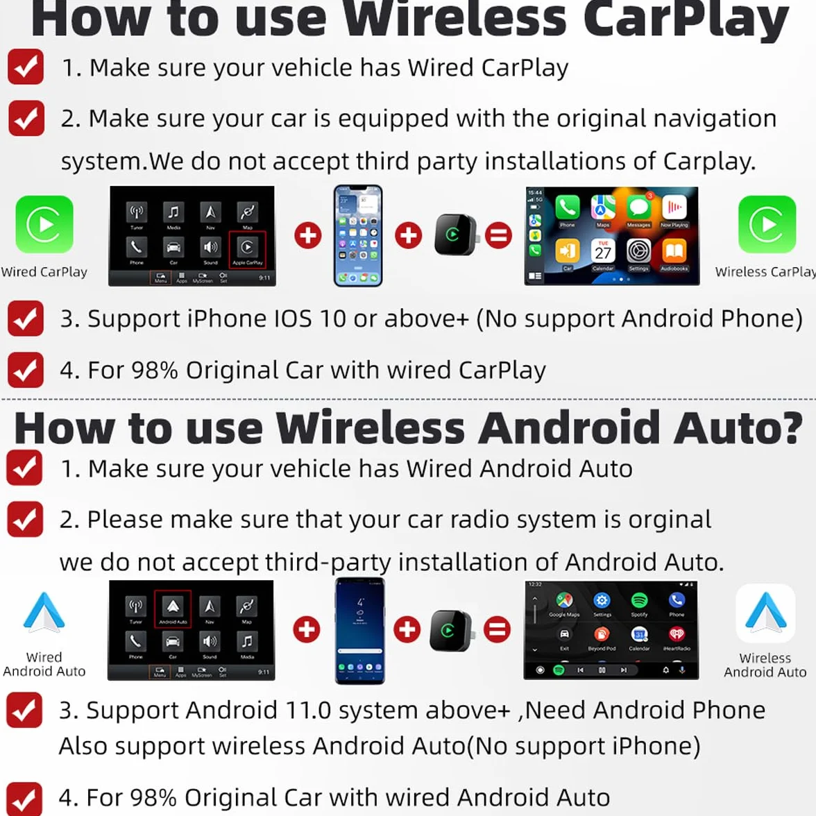 Adaptador inalámbrico CarPlay USB 2 en 1 para iPhone Android Auto, conexión automática WiFi 5.8 GHz