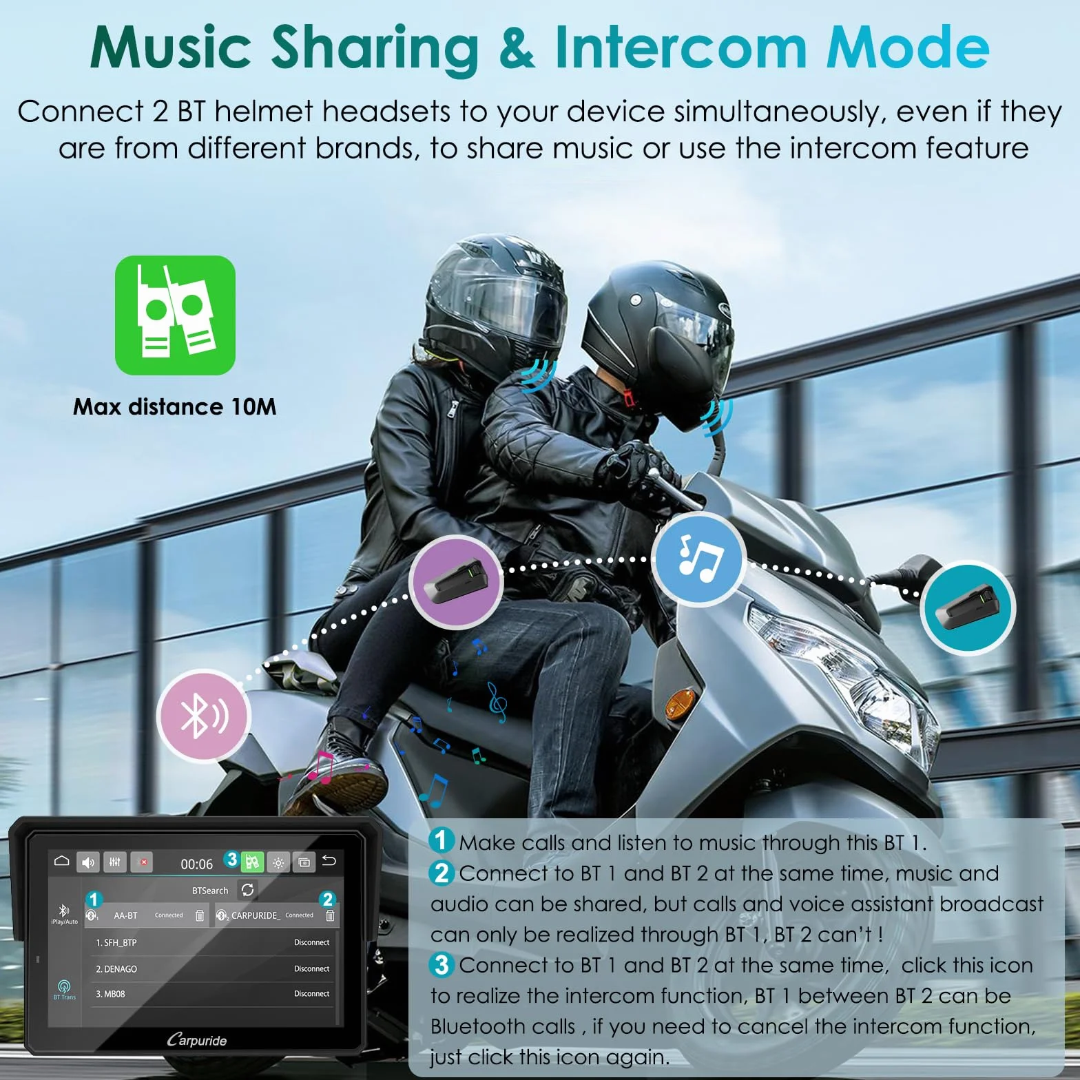 Carpuride W502S Pro GPS Inalámbrico para Motocicleta con Carplay Android Auto Pantalla Táctil Impermeable 5" Soporte BM05 Bluetooth