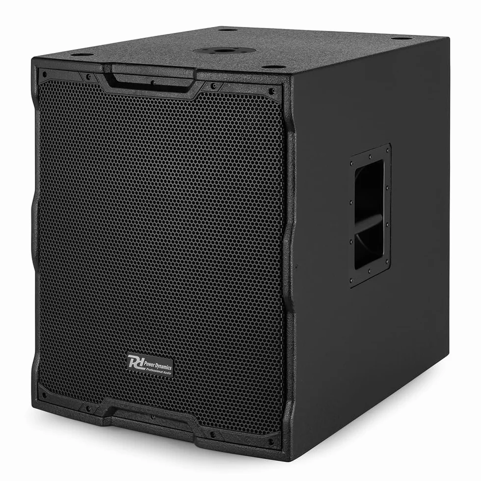 Power Dynamics PDY218SA subwoofer Amplificado de 18" y 1000W de Potencia Pico, entradas XLR balanceadas y RCA, limitador Integrado, Crossover Ajustable, Asas Laterales de Transporte, Color Negro