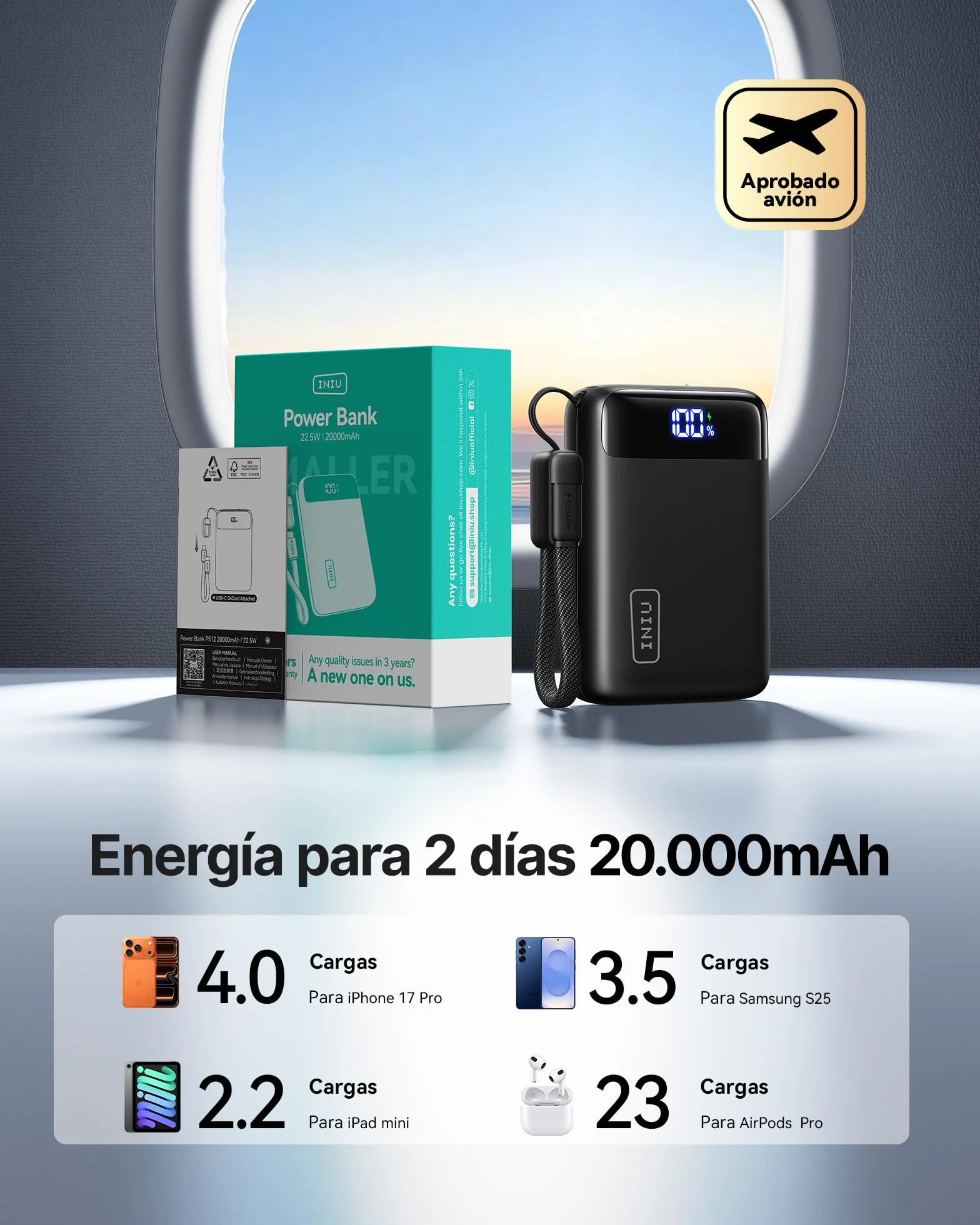 INIU Power Bank 20000mAh 22.5W Carga Rapida Bateria Externa con Cable USB C