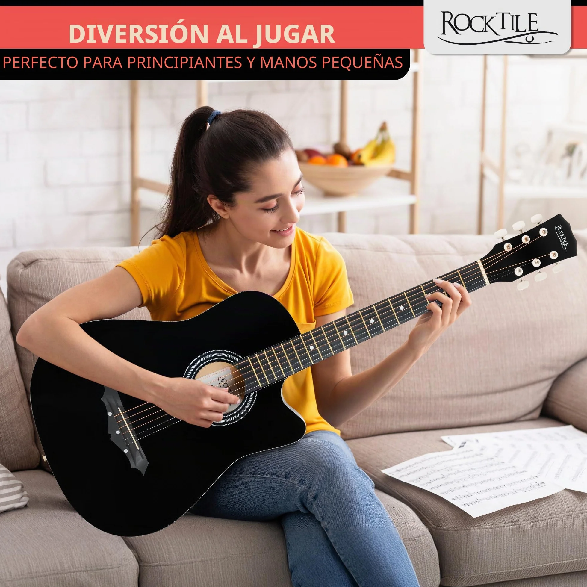 Rocktile WSD-5C-BK Slim Line Set De Guitarras Western - Guitarra Acústica Dreadnought - Cuerpo De Tilo - Mástil: Catalpa - Set Incluye Funda, Cuerdas De Repuesto, Correa Y Púas - Negro