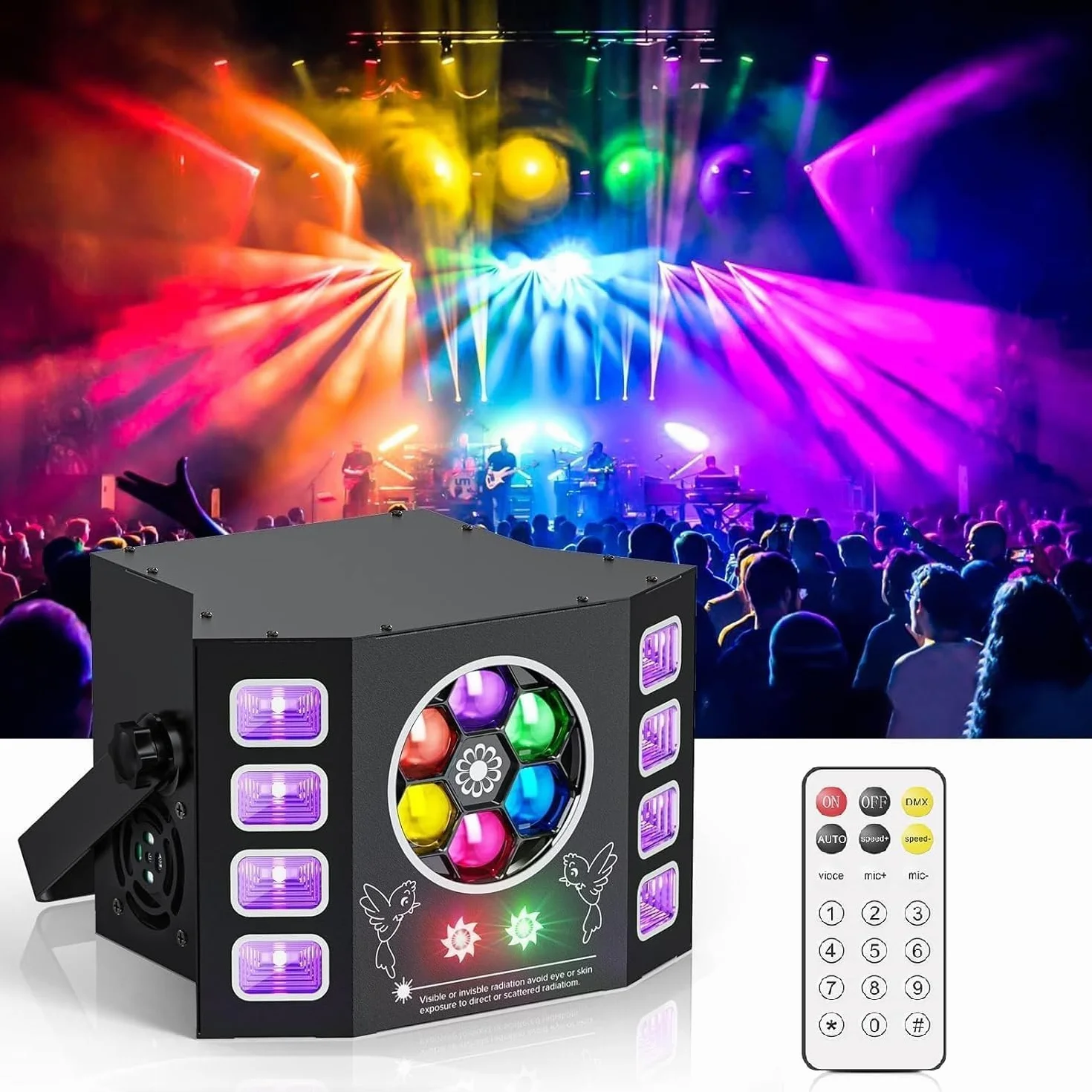 Luce discoteca 100 W, luz de fiesta, ojo de abeja, luz de flash UV, DMX de 14 canales con control de voz, mando a distancia, adecuado para bodas, fiestas de cumpleaños, Halloween, eventos de bar
