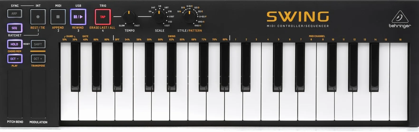 Behringer SWING Teclado controlador USB MIDI de 32 teclas con secuenciación polifónica de 64 pasos, modos de acordes y arpegiador