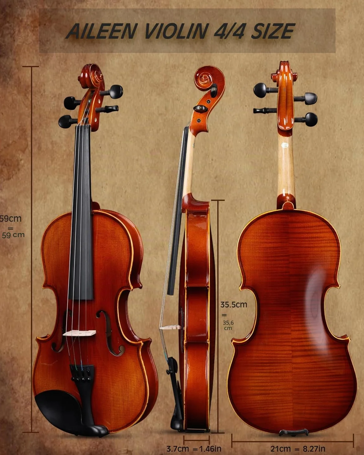 Violín 4/4 de tamaño completo para estudiantes, adultos, violín de abeto europeo sólido con soporte para partituras