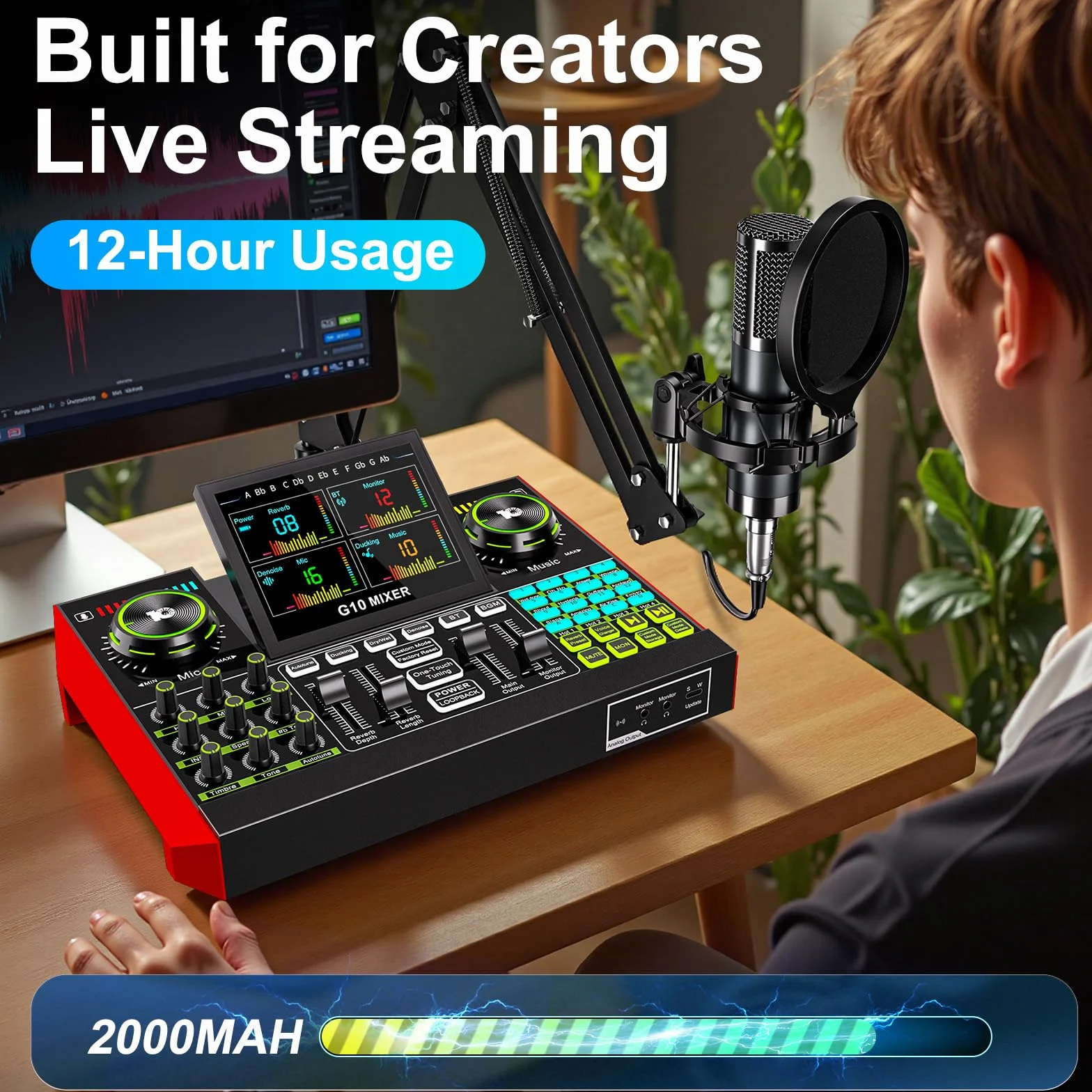 Equipo de podcast con tarjeta de sonido en vivo, mezclador de audio y micrófono de condensador de 3,5 mm para canto en vivo, creación de contenido en streaming y tablero de sonido con soporte para