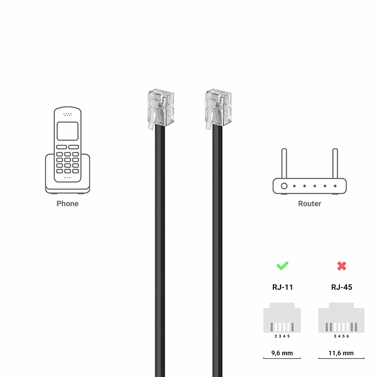 Cable de Teléfono RJ11 Modular 6P4C Western 2 Metros Negro